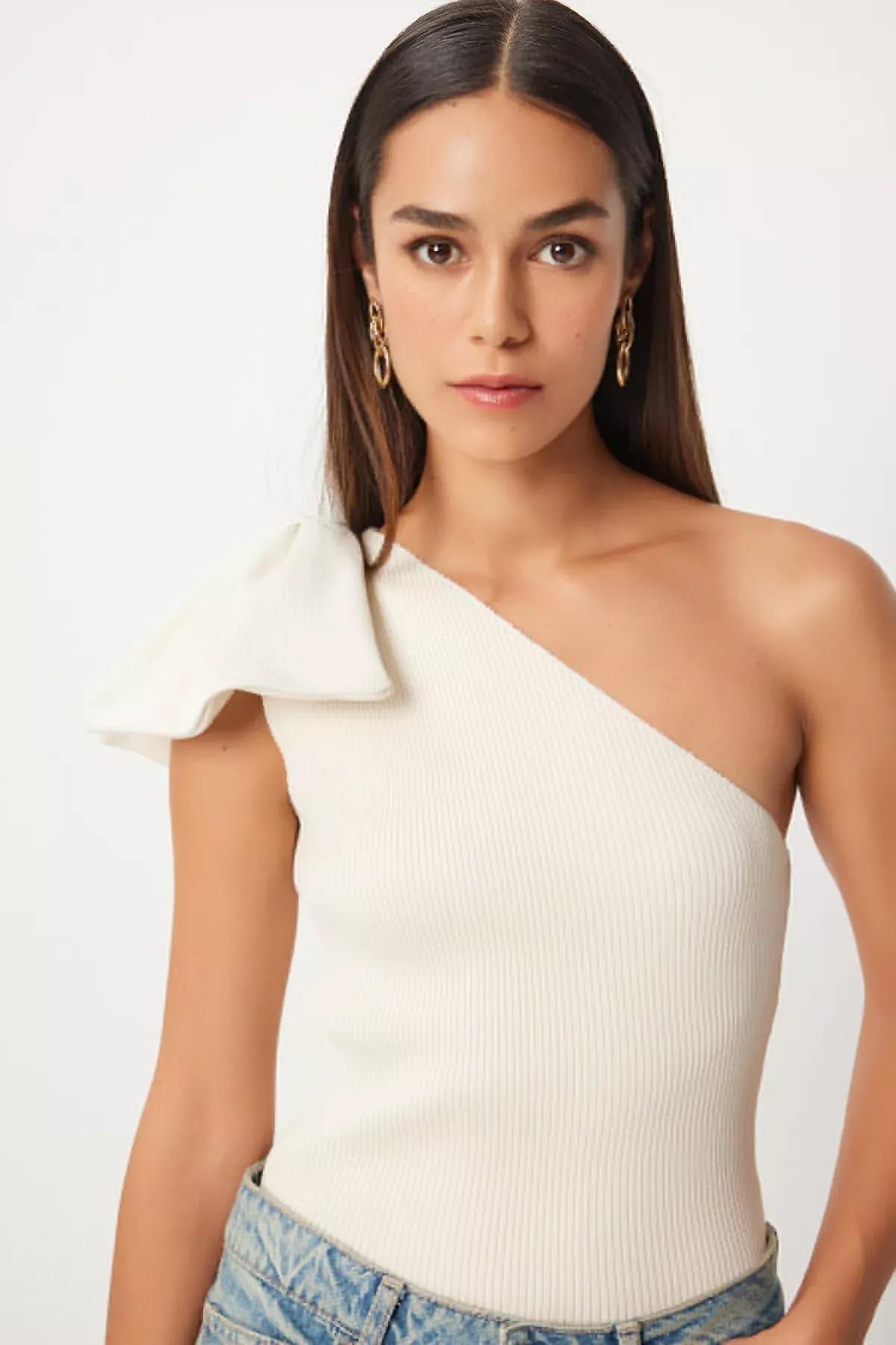 Cream One Shoulder Bow Blouse, Cream, large image number 1