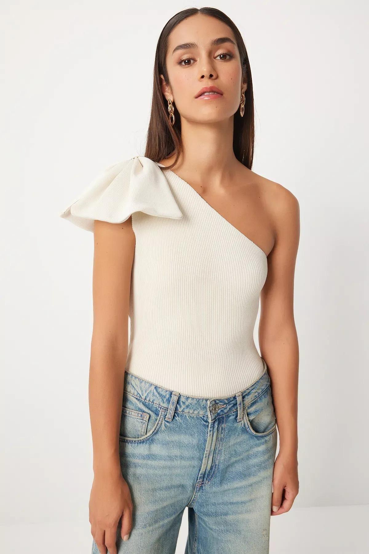 Cream One Shoulder Bow Blouse, Cream, large image number 2