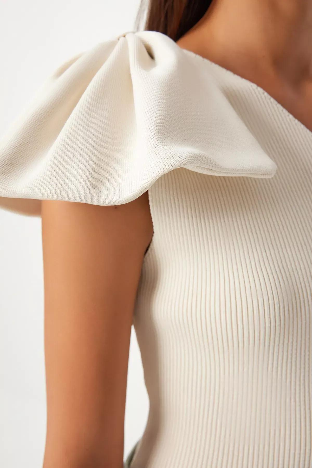 Cream One Shoulder Bow Blouse, Cream, large image number 3