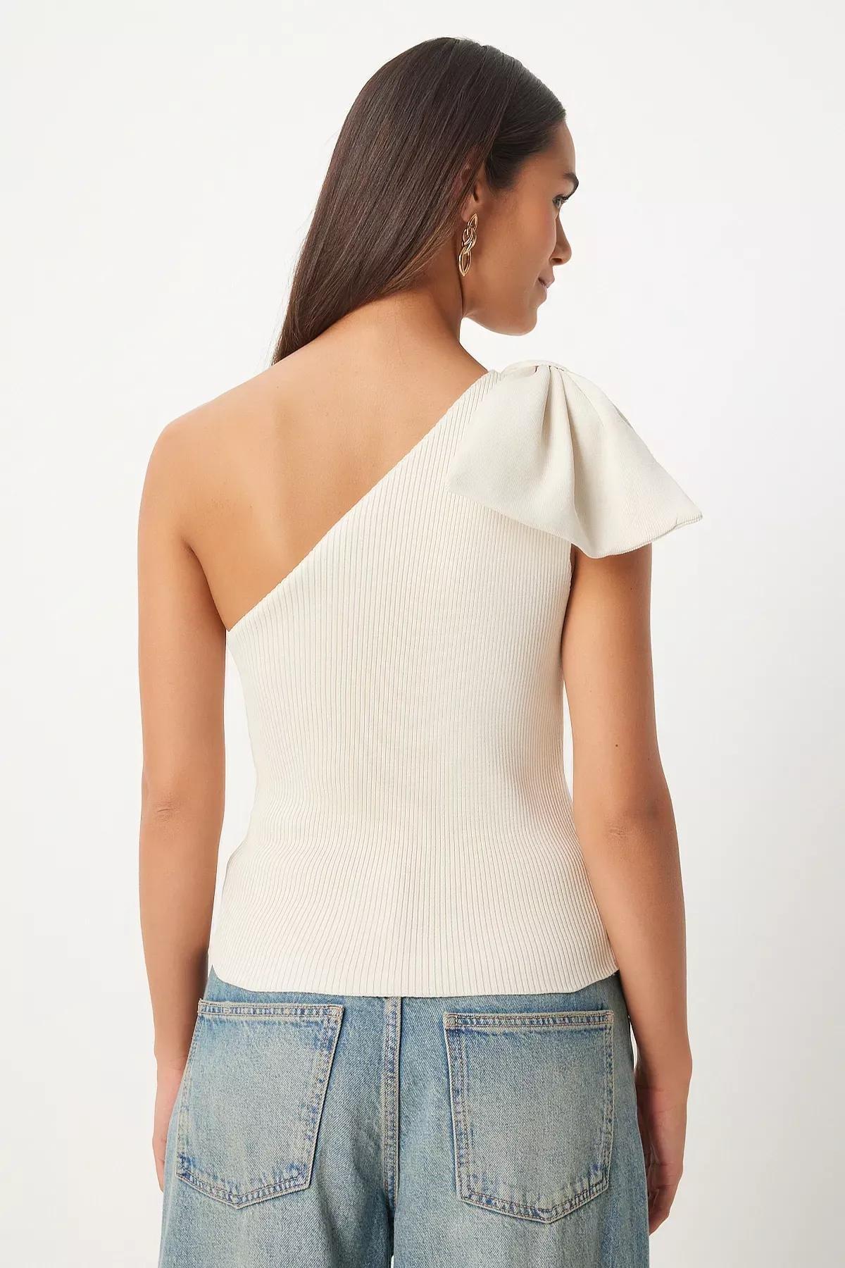 Cream One Shoulder Bow Blouse, Cream, large image number 4