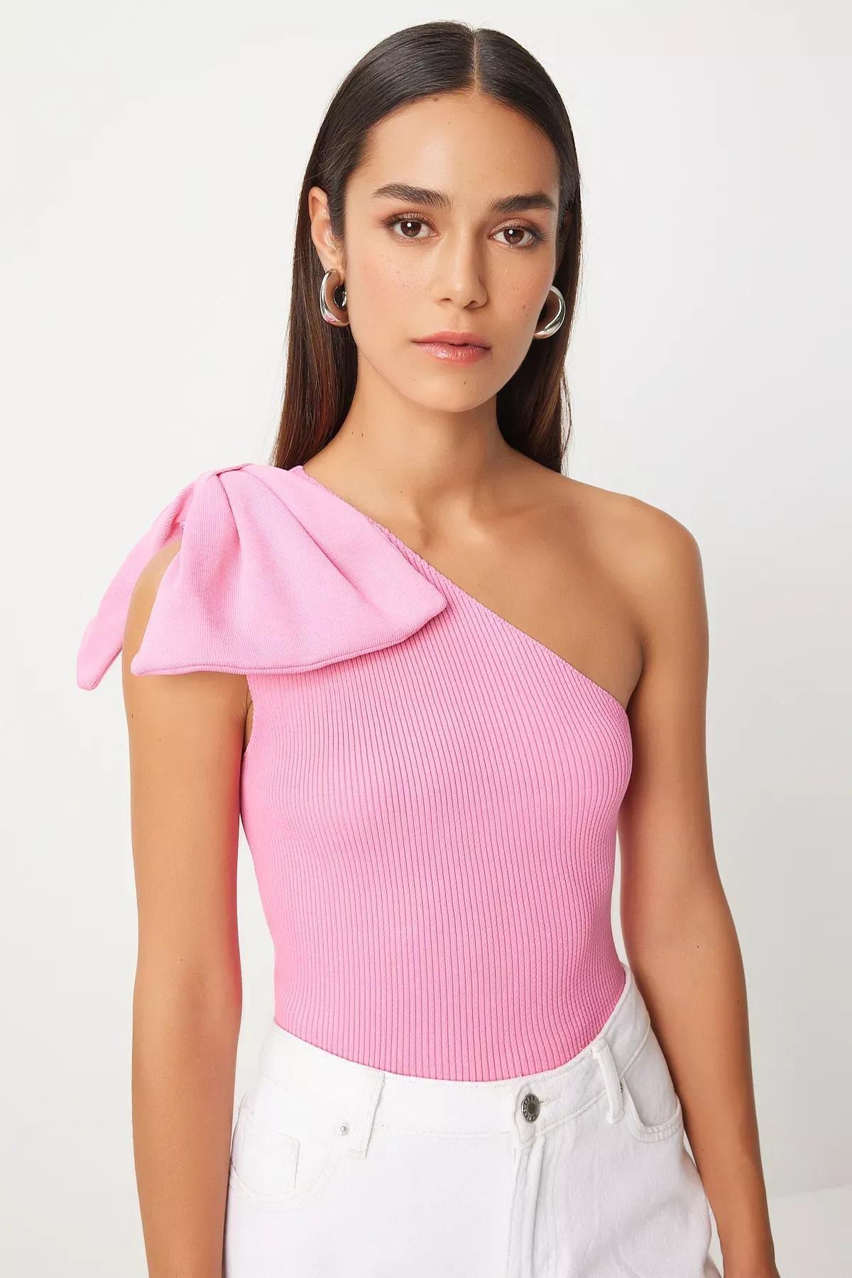 Pink One Shoulder Bow Blouse, Pink, large image number 0