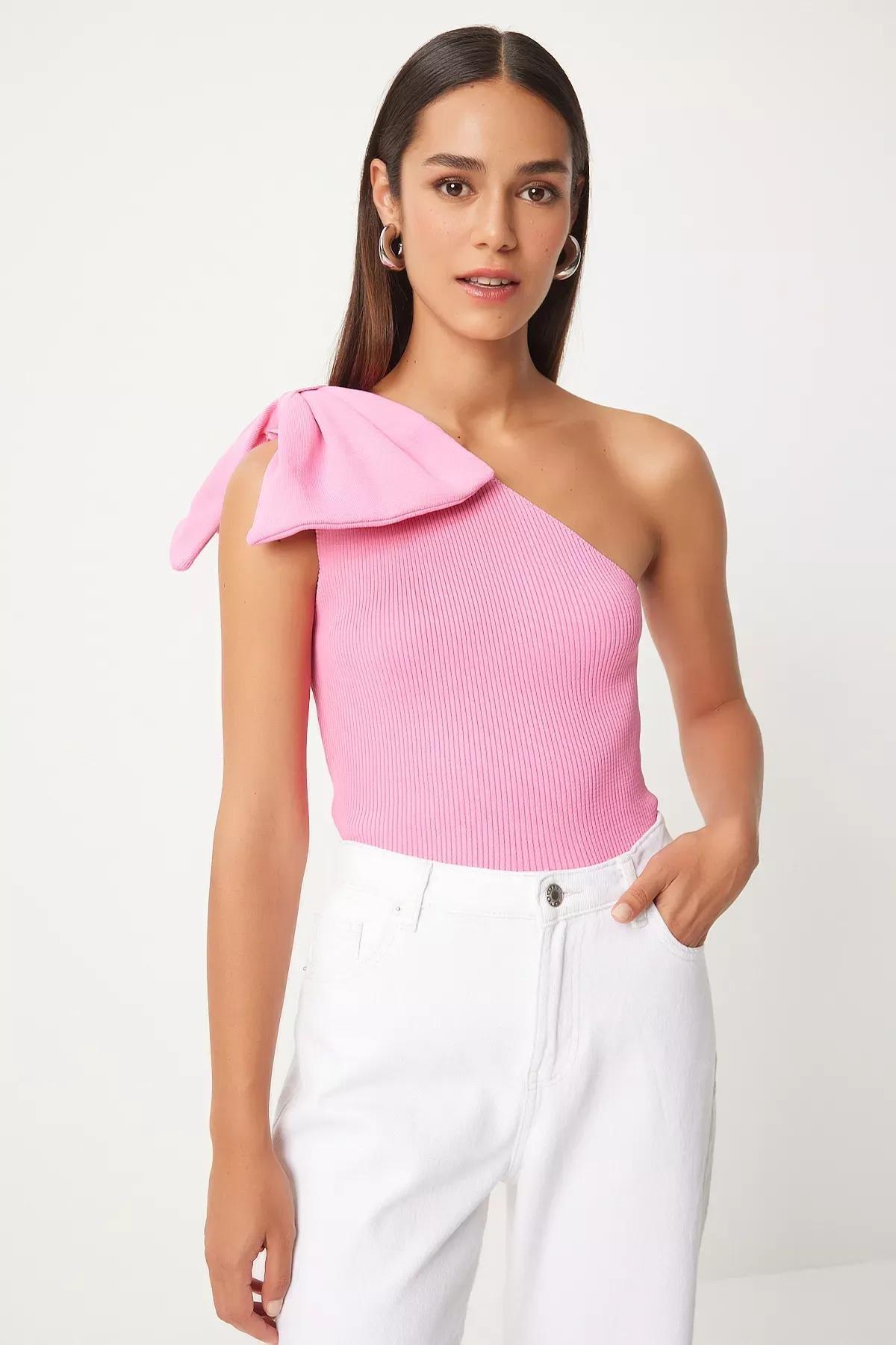 Pink One Shoulder Bow Blouse, Pink, large image number 1
