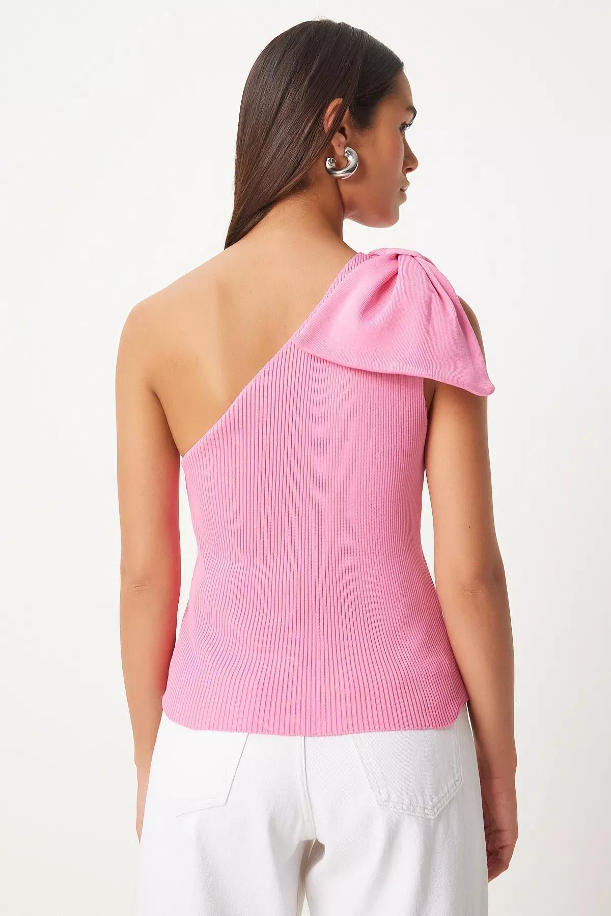 Pink One Shoulder Bow Blouse, Pink, large image number 3