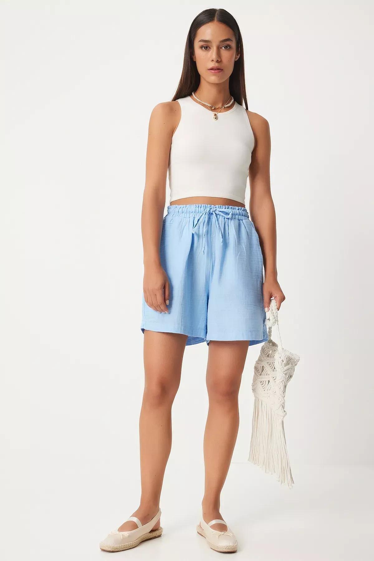 Sky Blue Muslin Pocket Shorts, SKY BLUE, large image number 0