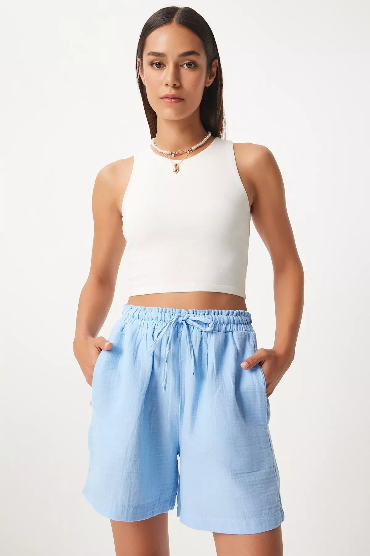 Sky Blue Muslin Pocket Shorts, SKY BLUE, large image number 1