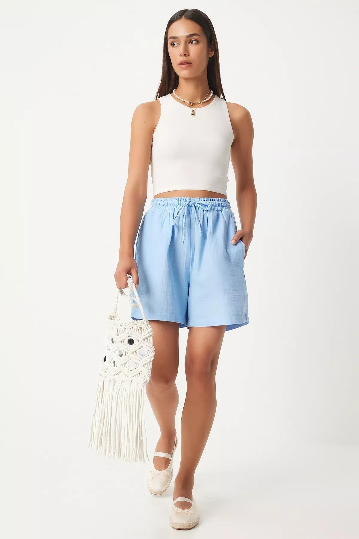 Sky Blue Muslin Pocket Shorts, SKY BLUE, large image number 2