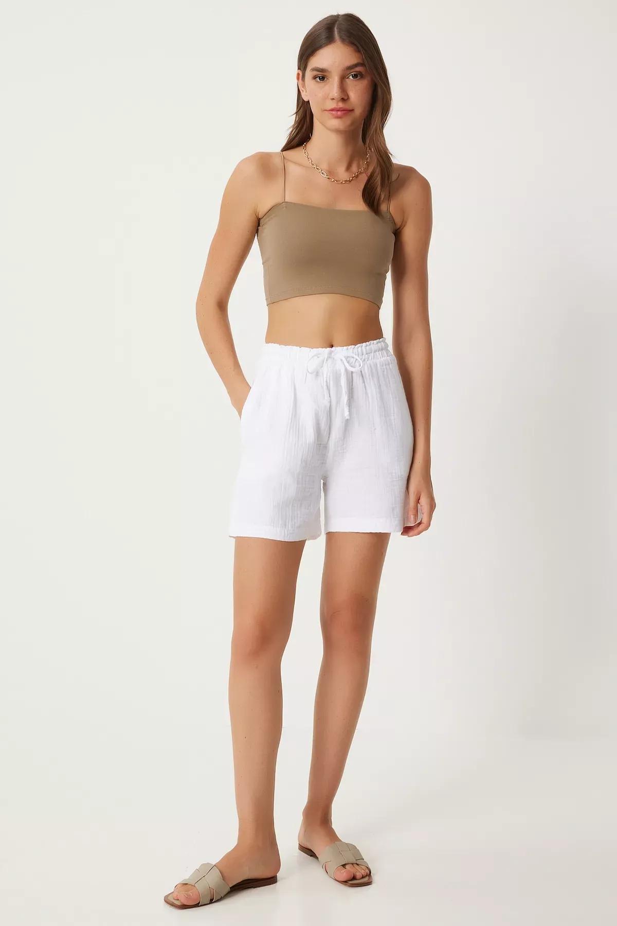 White Pocket Muslin Shorts, White, large image number 2