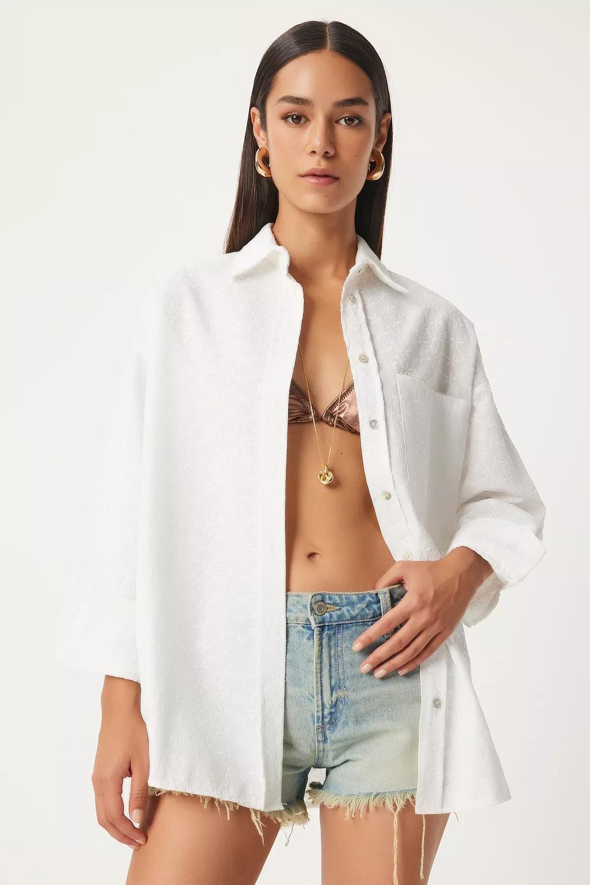 White Patterned Thin Shirt,, White, large image number 1
