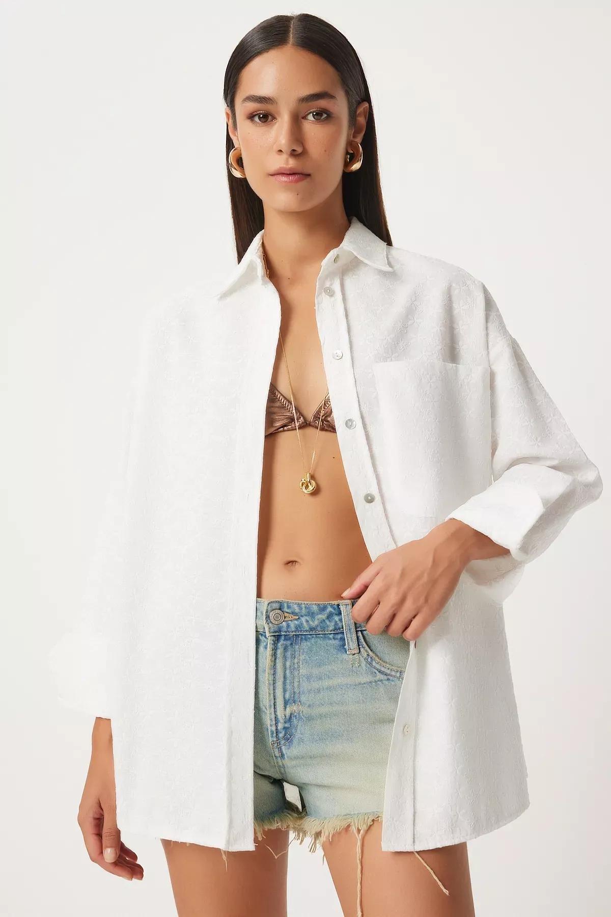 White Patterned Thin Shirt,, White, large image number 2