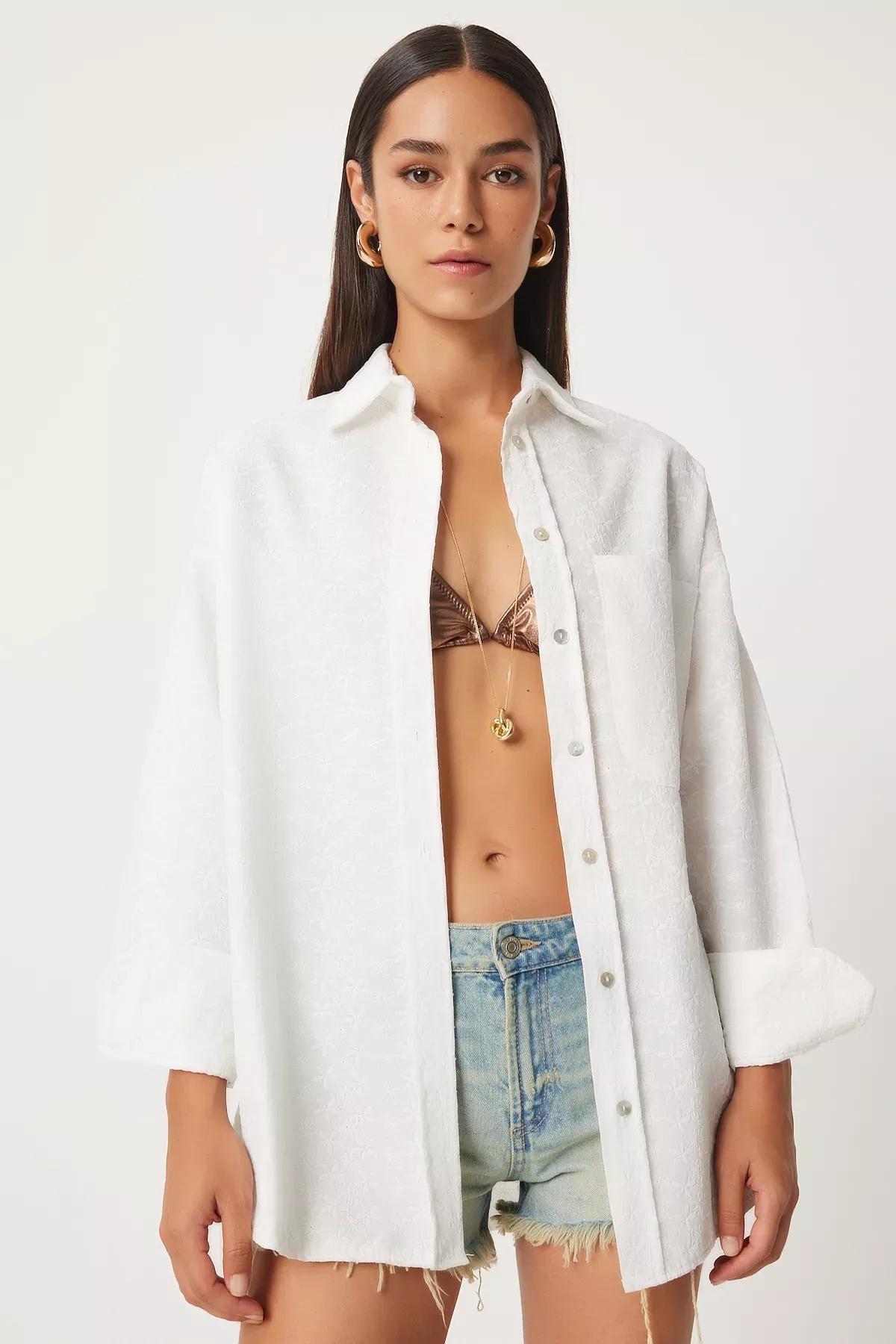 White Patterned Thin Shirt,, White, large image number 3