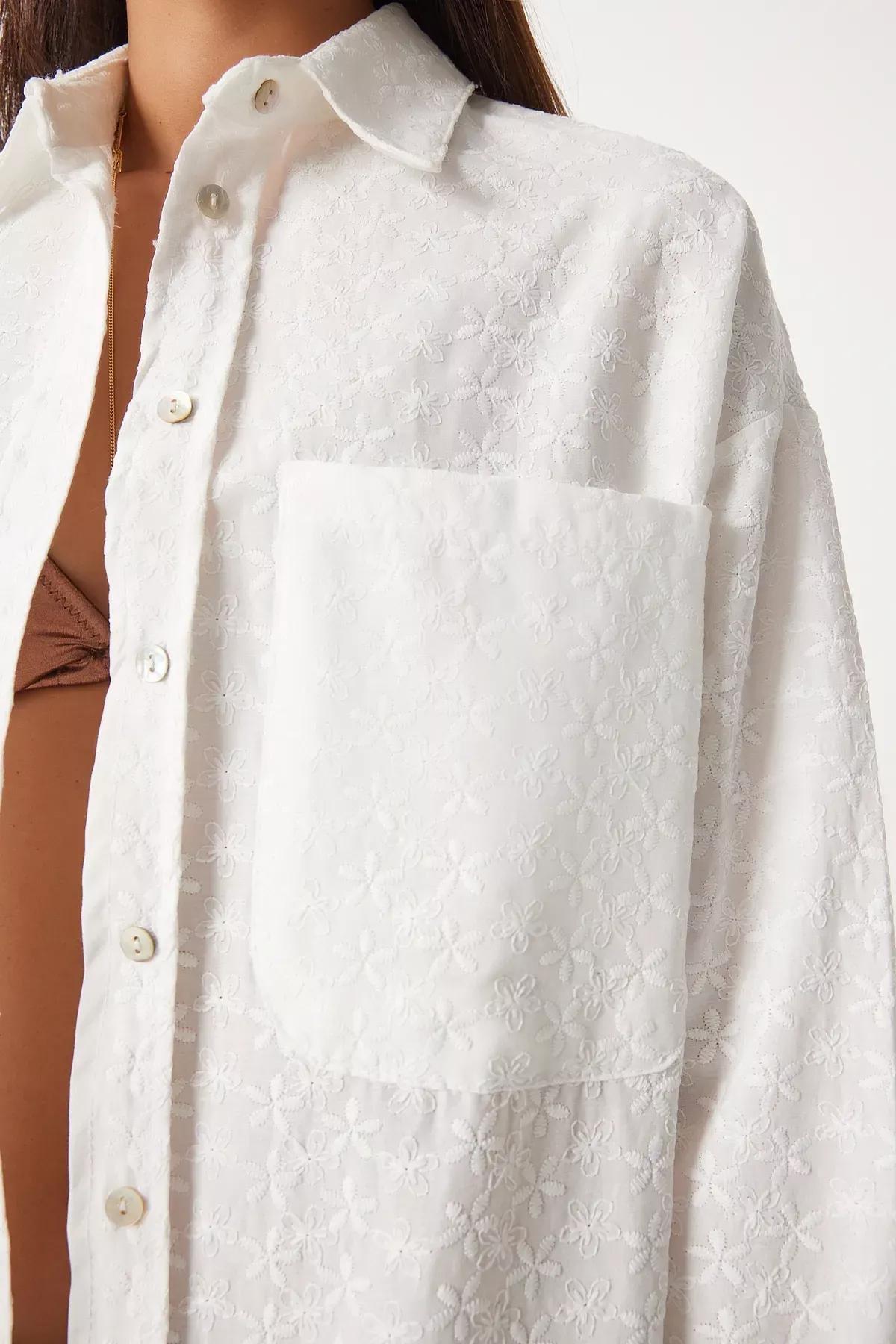White Patterned Thin Shirt,, White, large image number 4