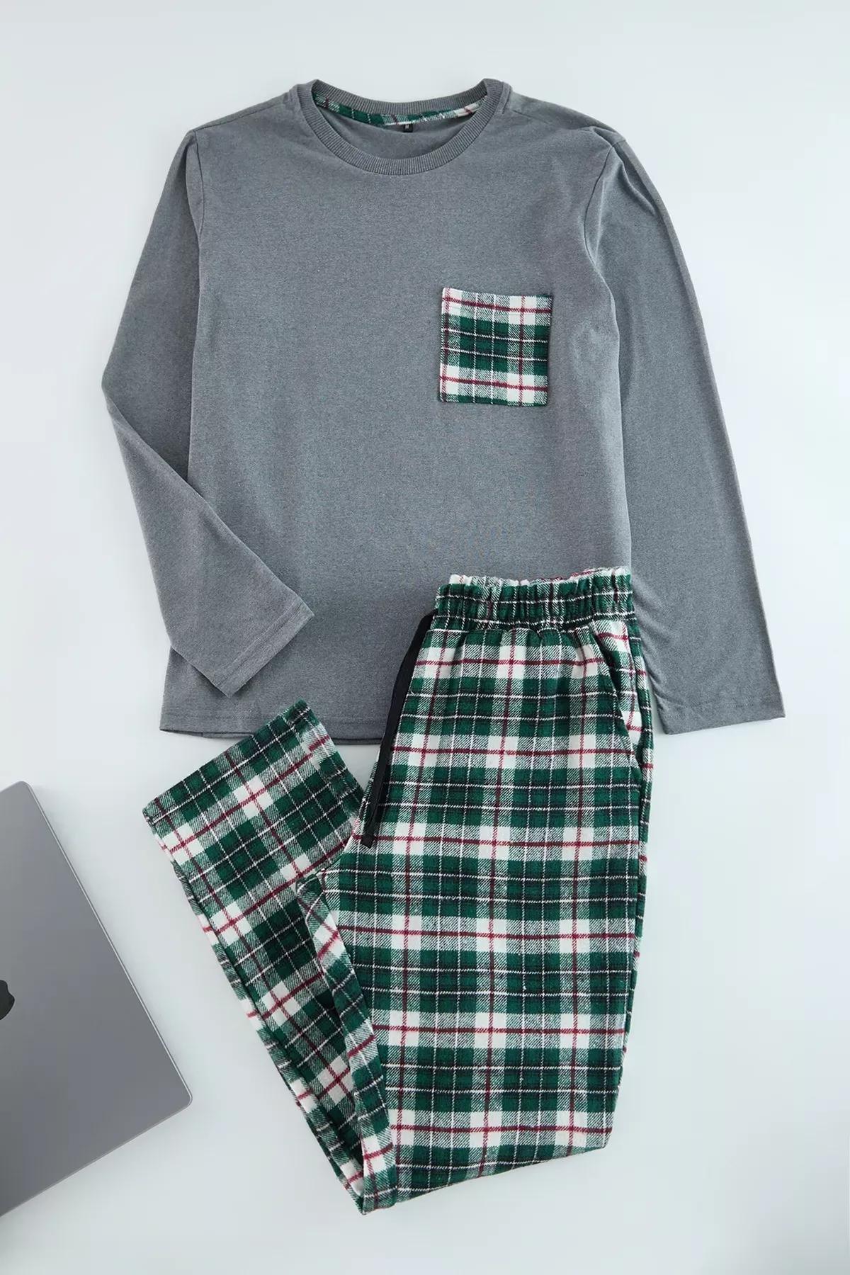 Mens Grey-Green Plaid Woven Pajama Set, Grey, medium