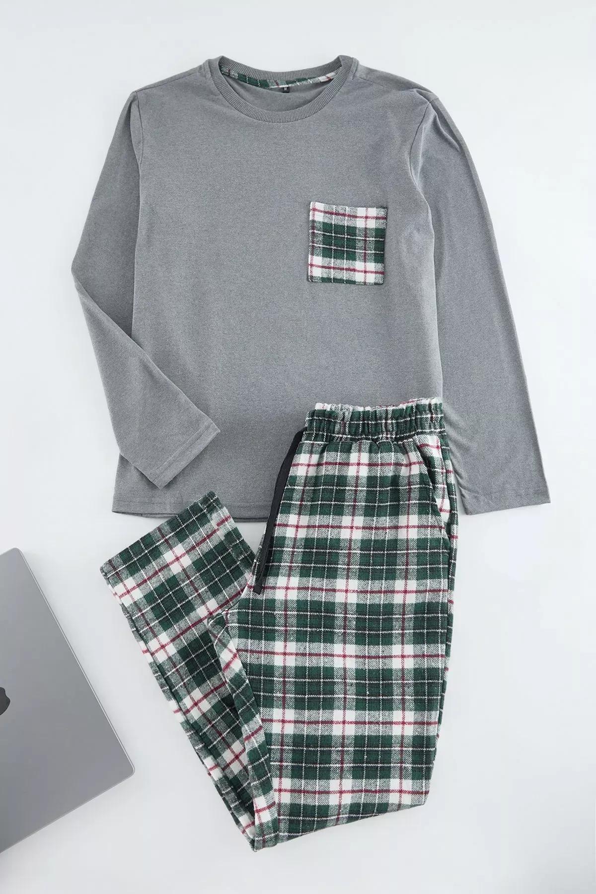 Mens Grey-Green Plaid Woven Pajama Set, Grey, medium