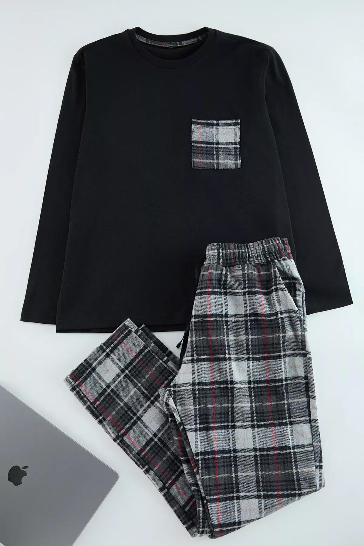 Black-Grey Plaid Woven Pajama Set, BLACK, large image number 0