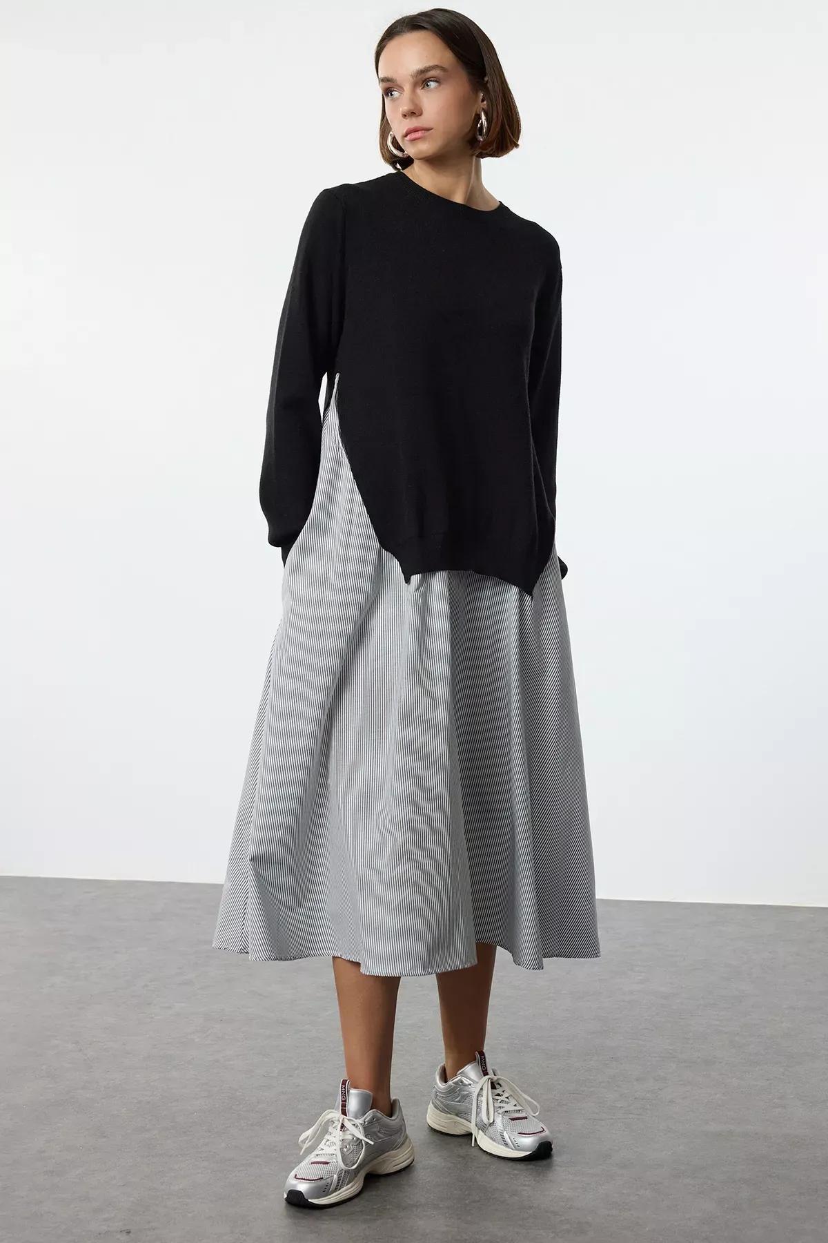 Black Striped Garnished Midi Woven Dress, BLACK, large image number 0