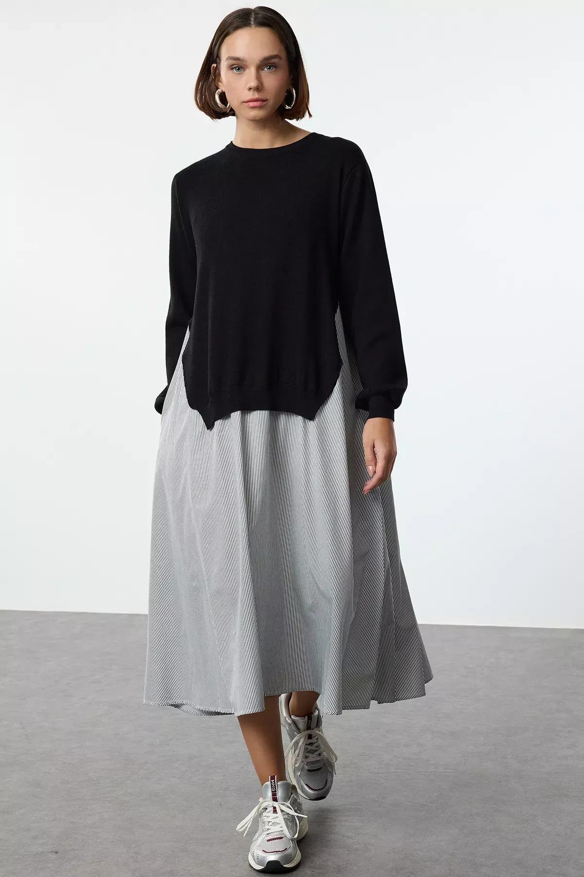 Black Striped Garnished Midi Woven Dress, BLACK, large image number 1