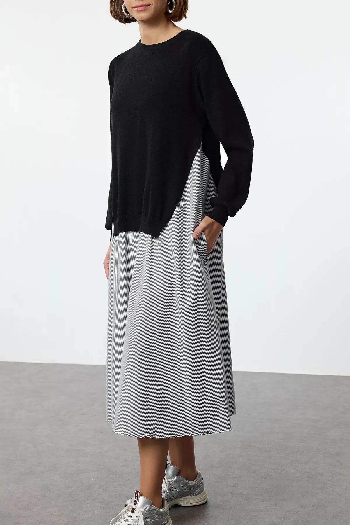 Black Striped Garnished Midi Woven Dress, BLACK, large image number 2