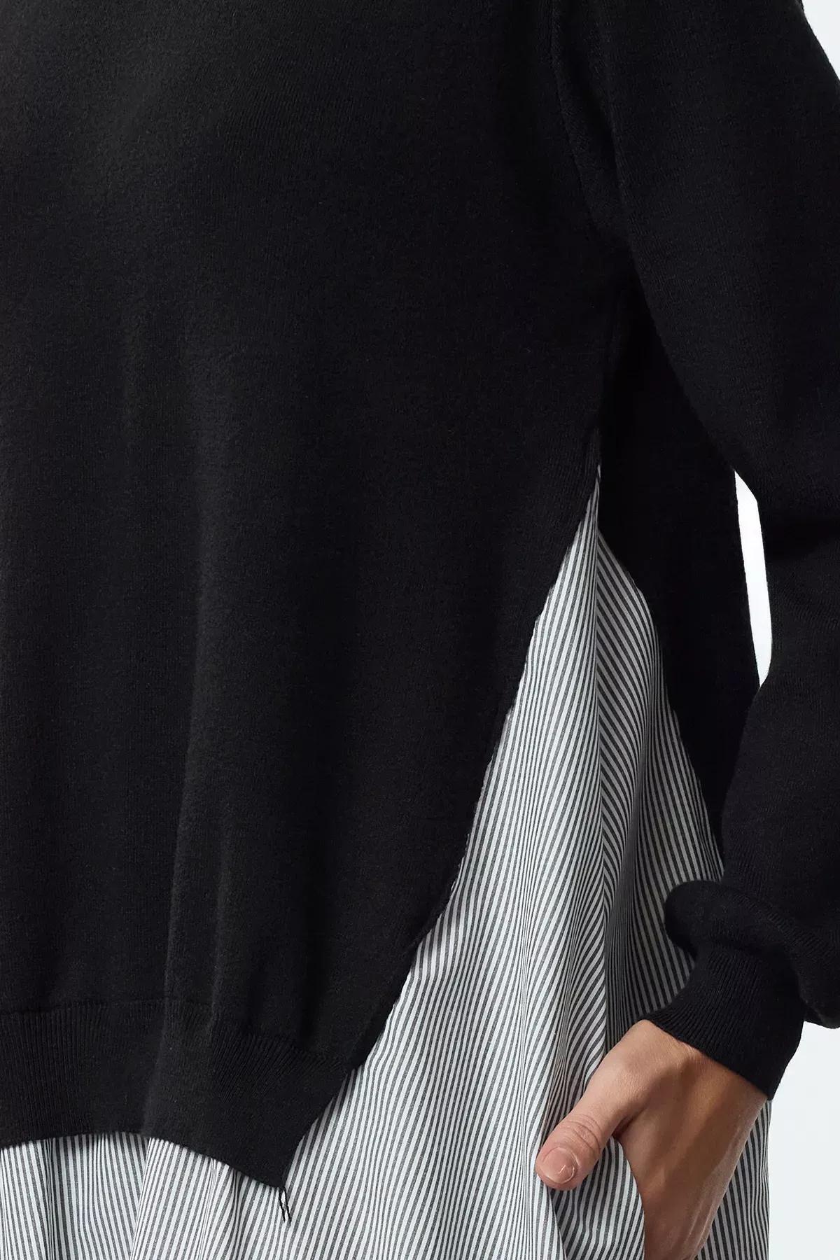 Black Striped Garnished Midi Woven Dress, BLACK, large image number 3