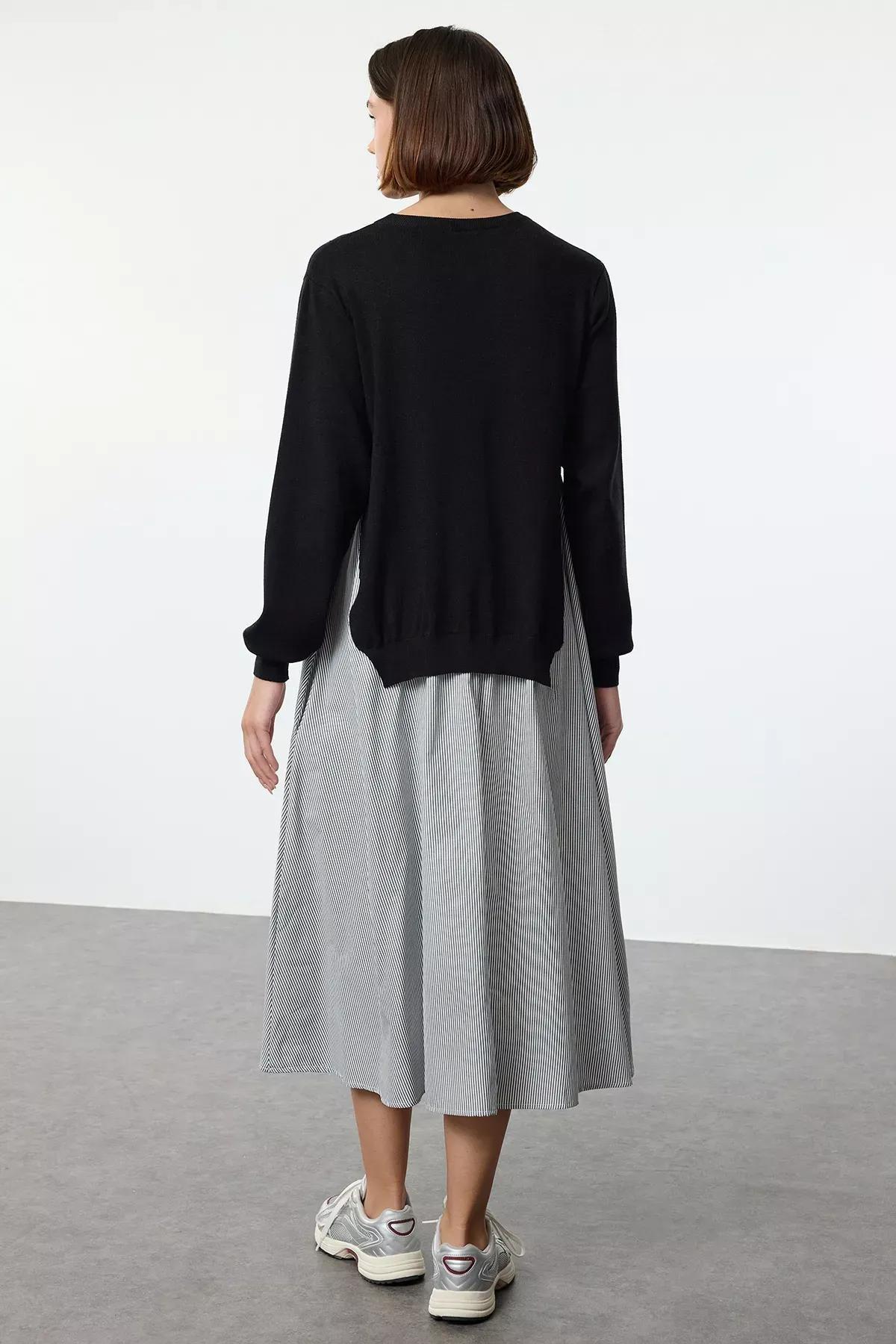 Black Striped Garnished Midi Woven Dress, BLACK, large image number 4