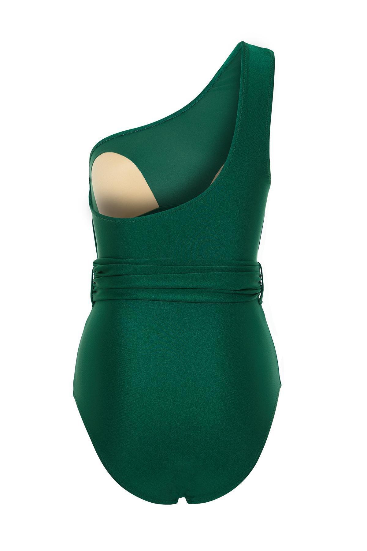 Green One Shoulder Draped Swimsuit, , large image number 6