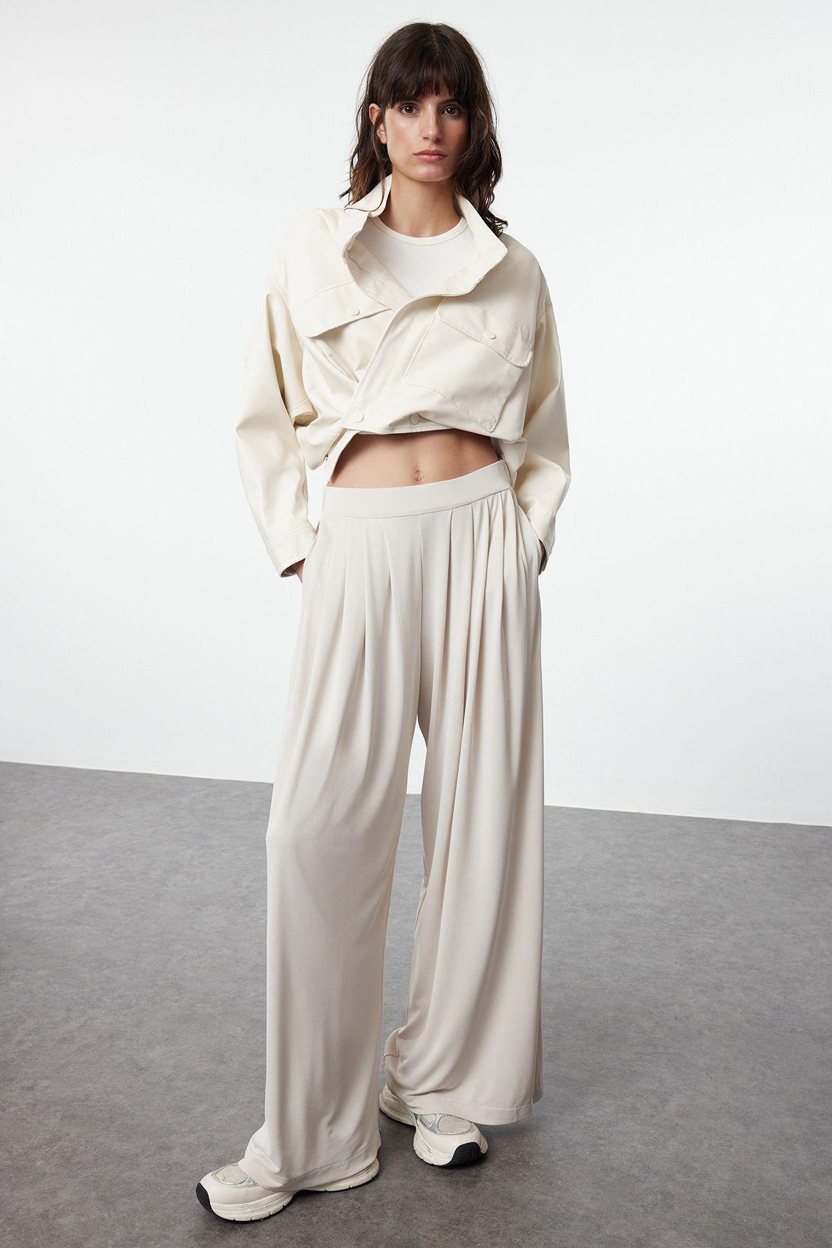 Beige Modal Wide Leg Trousers, , large image number 0