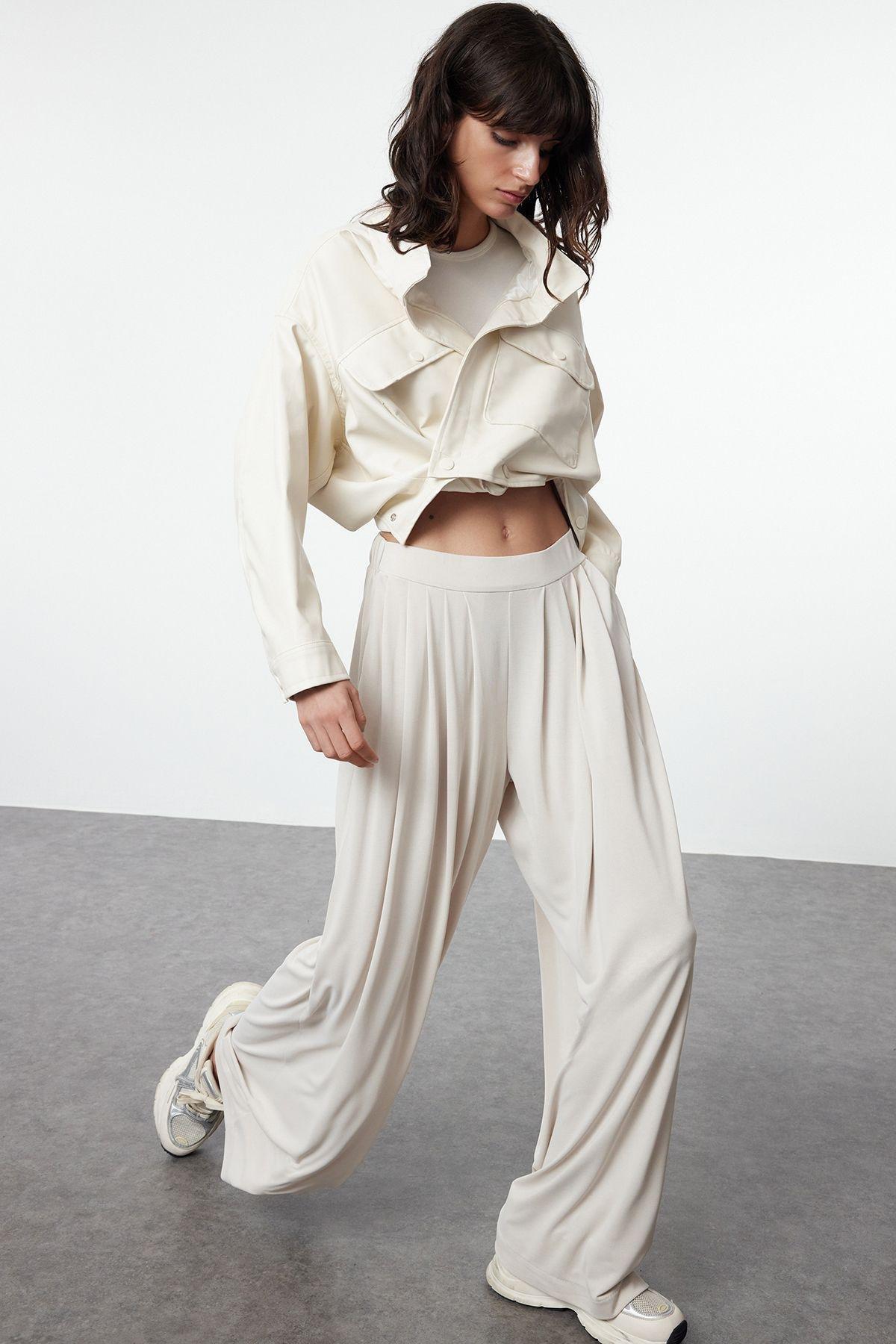 Beige Modal Wide Leg Trousers, , large image number 1