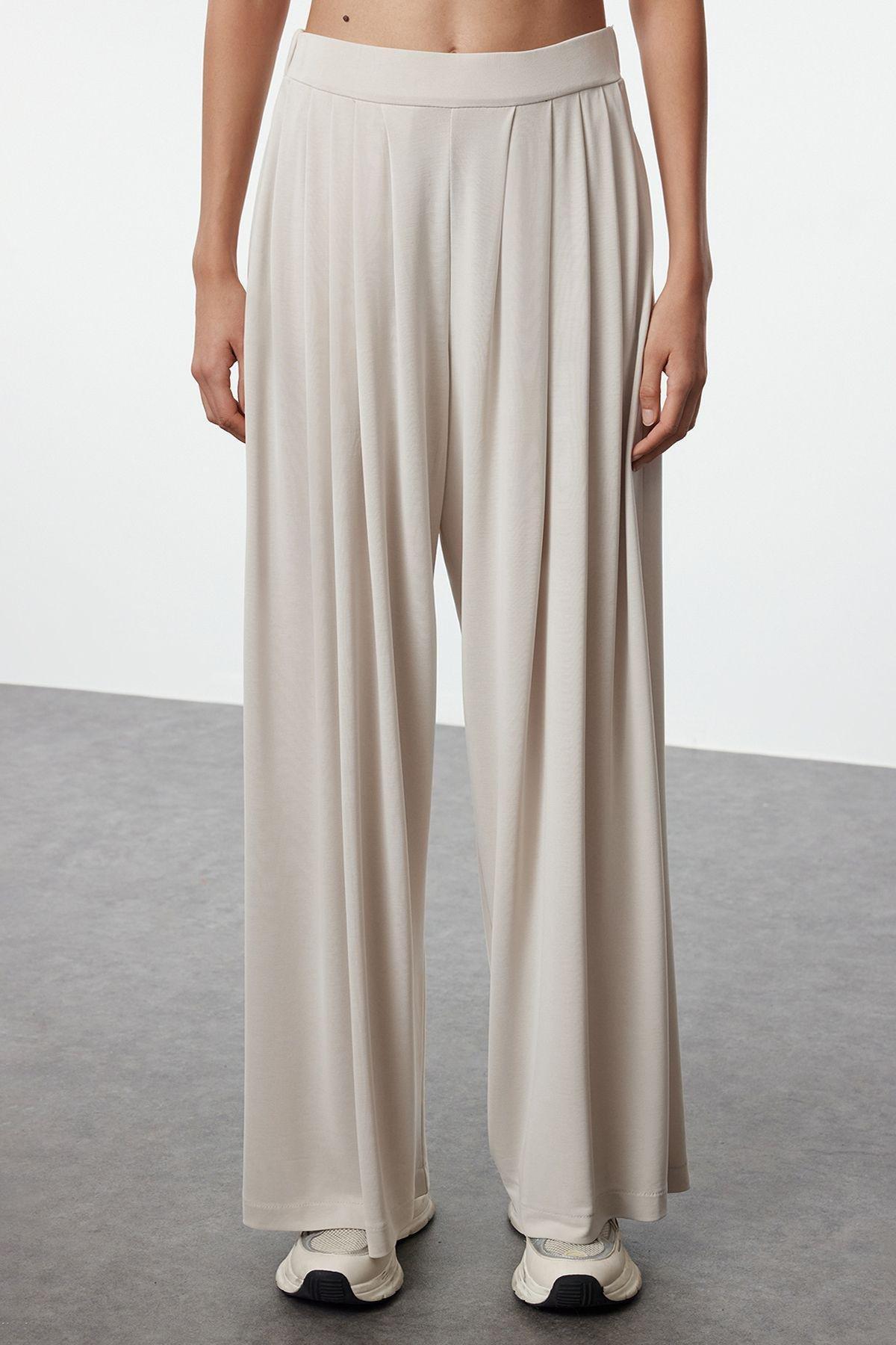 Beige Modal Wide Leg Trousers, , large image number 3