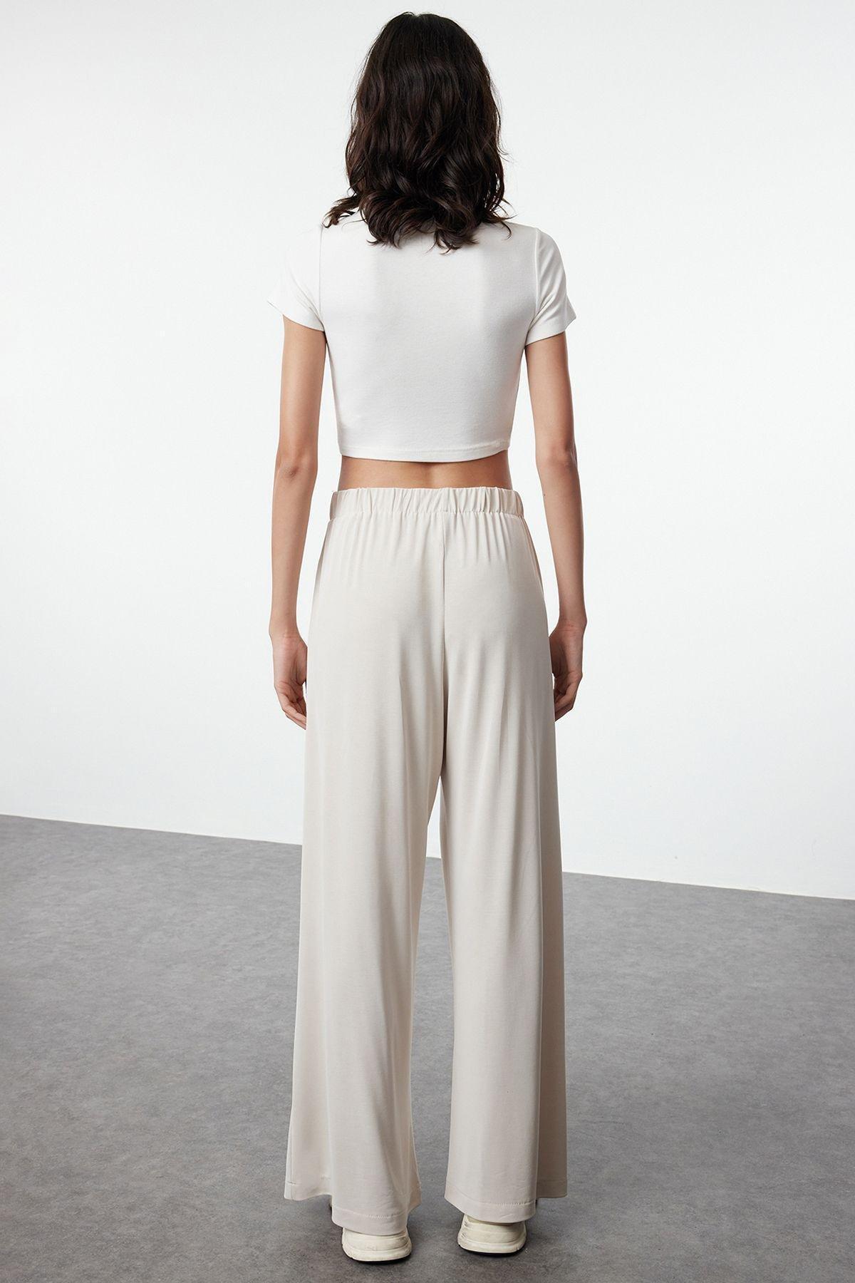 Beige Modal Wide Leg Trousers, , large image number 4