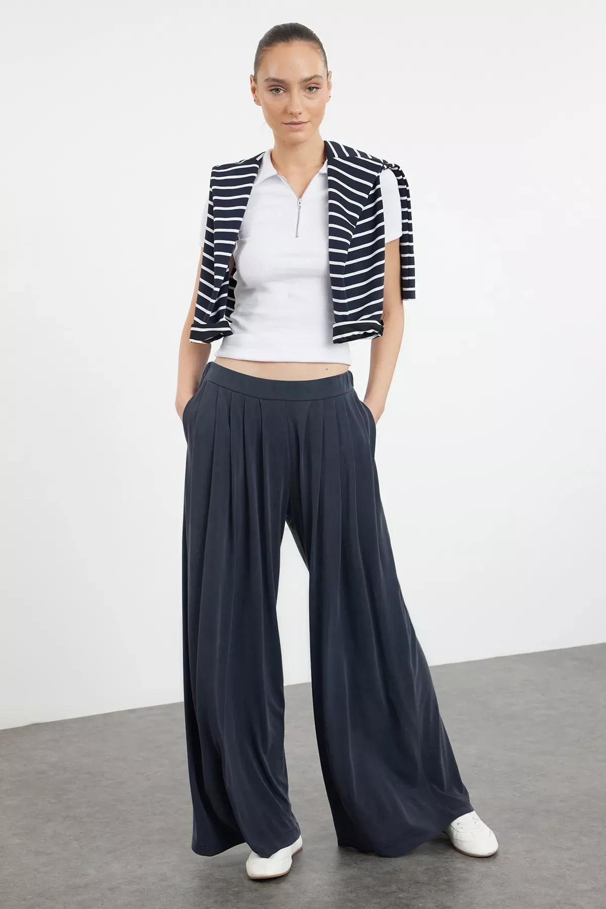 Anthracite Pleated Wide Leg Stretch Knit Trousers TWOAW25PL00073, Anthracite, large image number 0