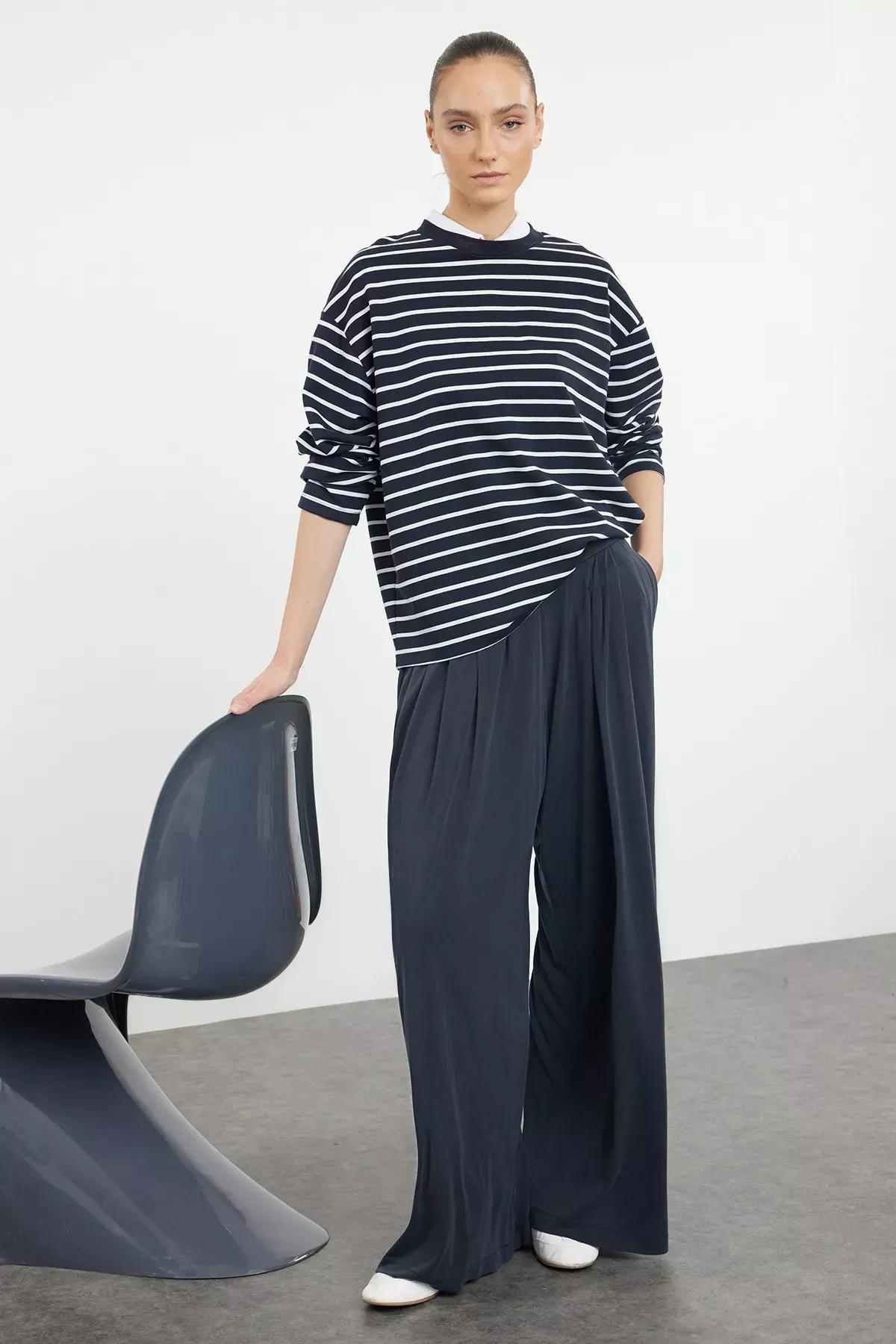 Anthracite Pleated Wide Leg Stretch Knit Trousers TWOAW25PL00073, Anthracite, large image number 1