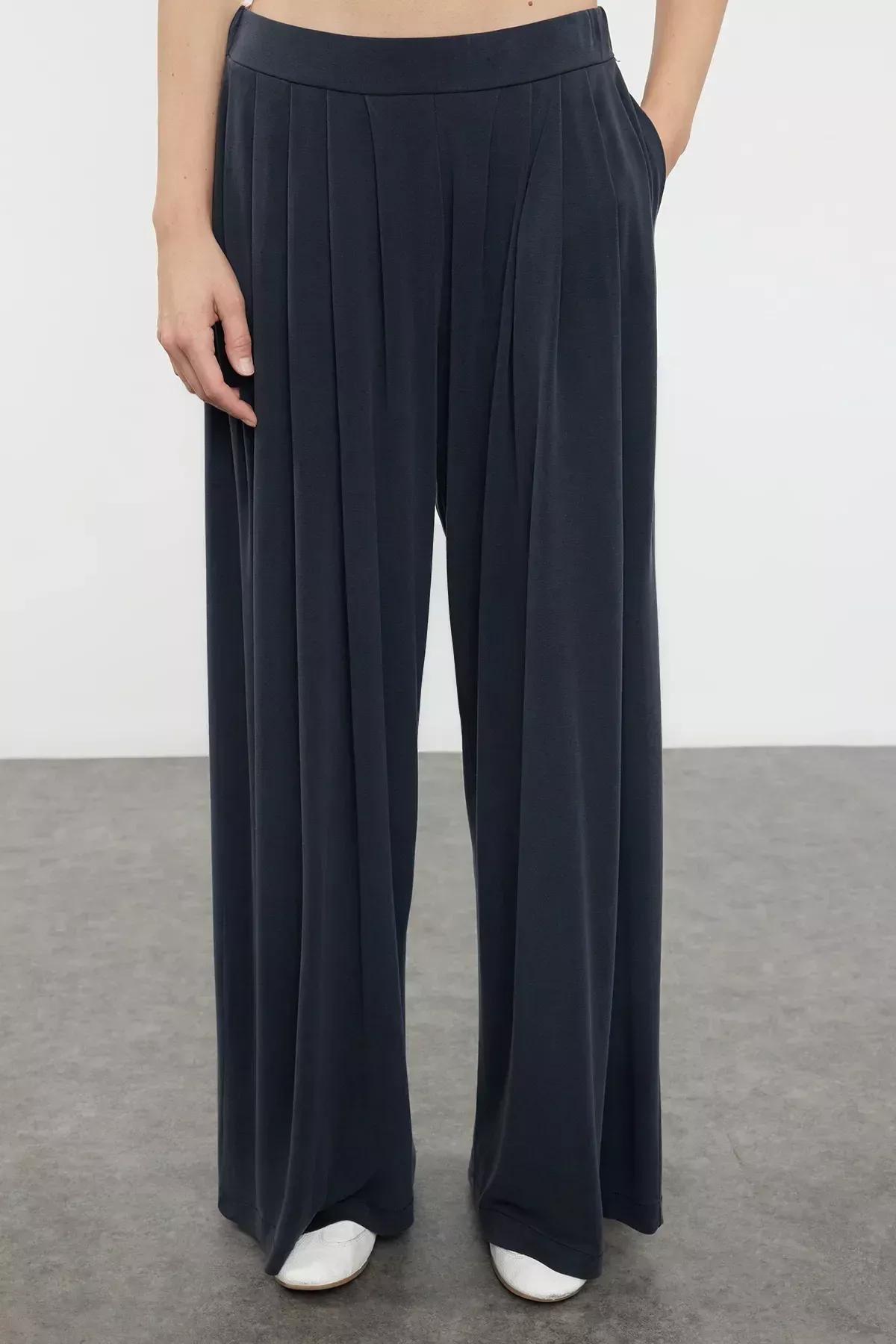 Anthracite Pleated Wide Leg Stretch Knit Trousers TWOAW25PL00073, Anthracite, large image number 2