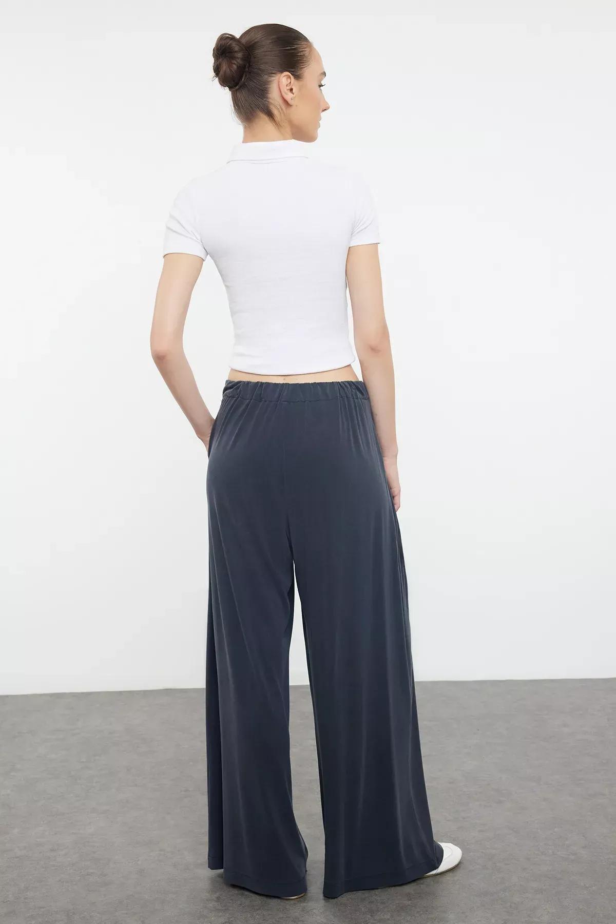 Anthracite Pleated Wide Leg Stretch Knit Trousers TWOAW25PL00073, Anthracite, large image number 3