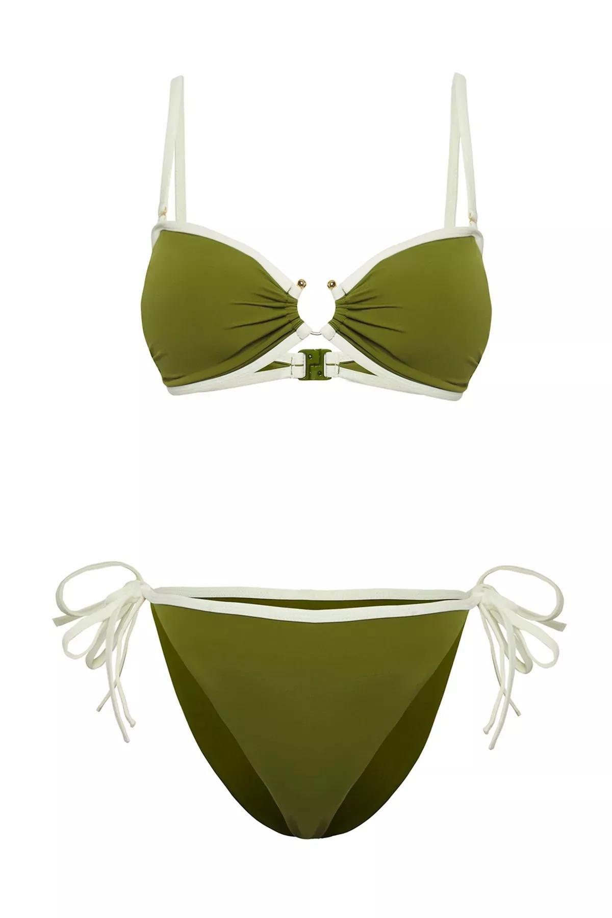 Green Strapless Contrast Piping Bikini Set, , large image number 0