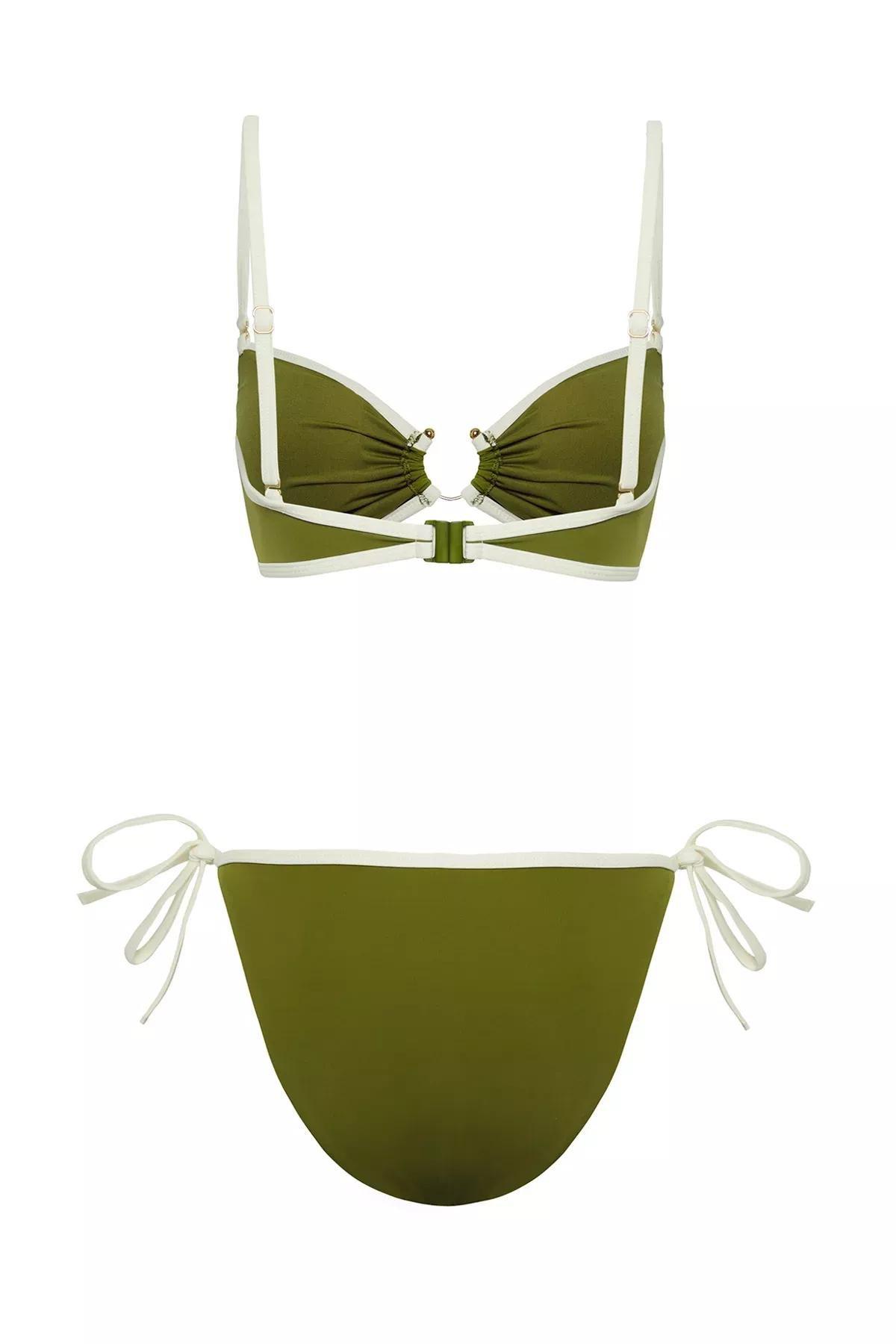 Green Strapless Contrast Piping Bikini Set, , large image number 1