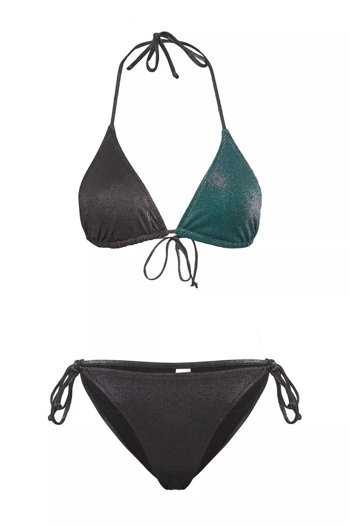طقم بيكيني بمظهر براق بتصميم مثلث، أسود, C101_2094, large image number 4