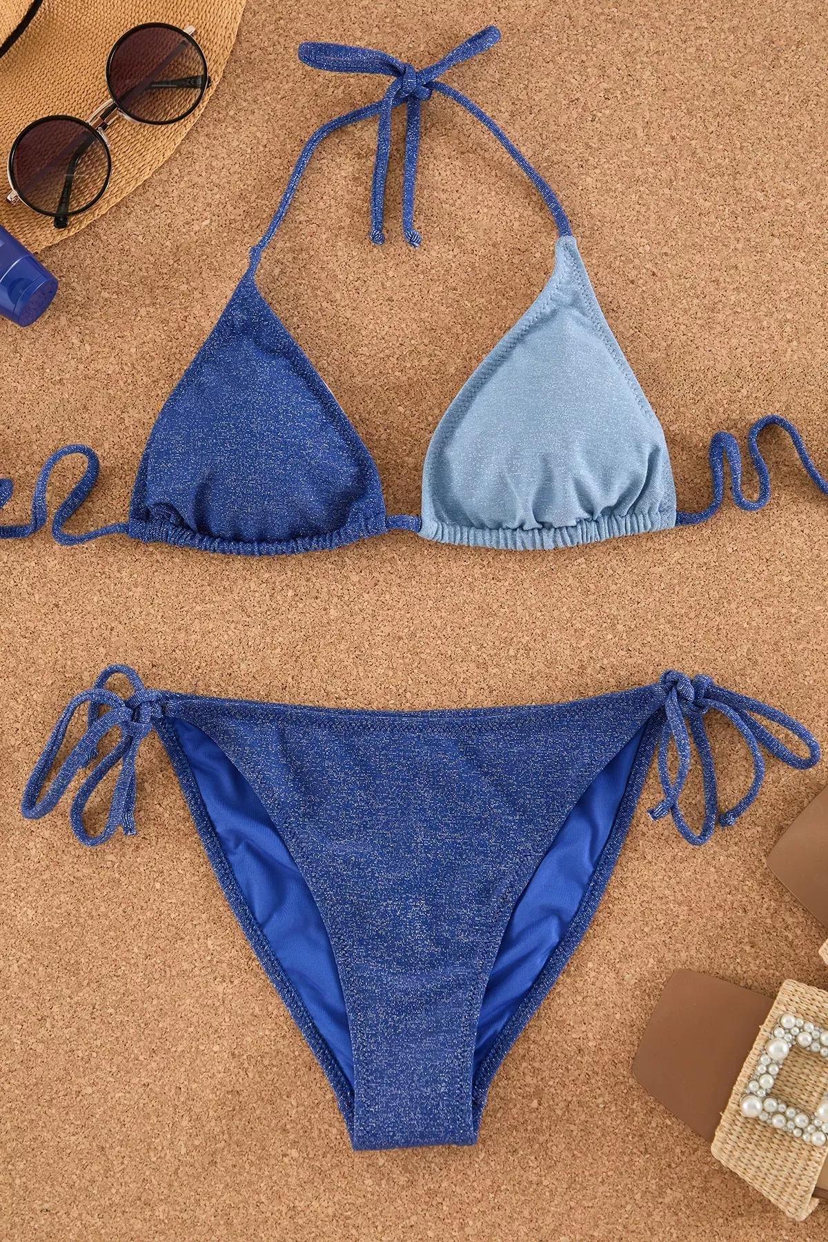 Blue Triangle Color Block Glitter Bikini Set, C101_5800, large image number 4