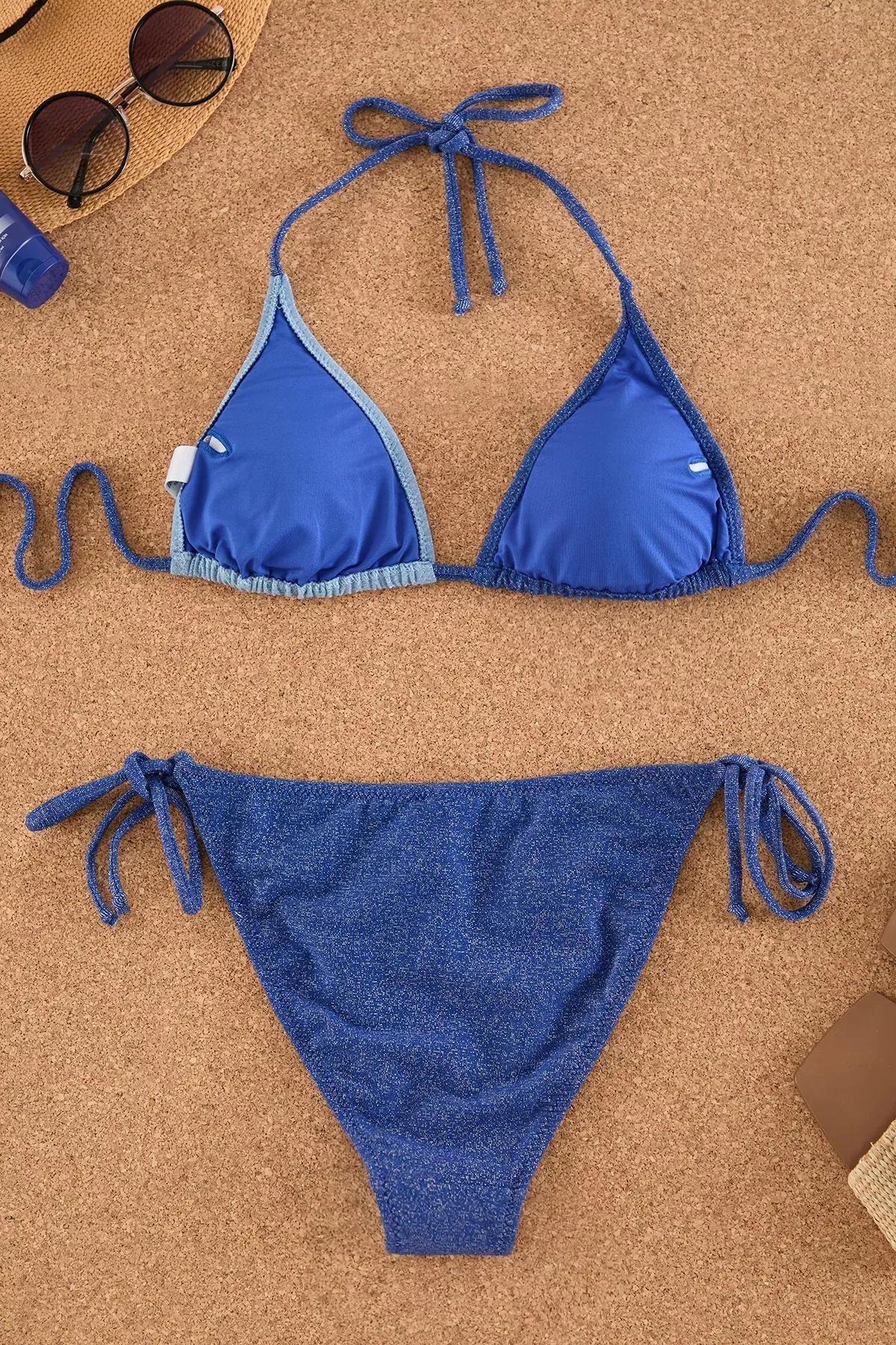 Blue Triangle Color Block Glitter Bikini Set, C101_5800, large image number 5