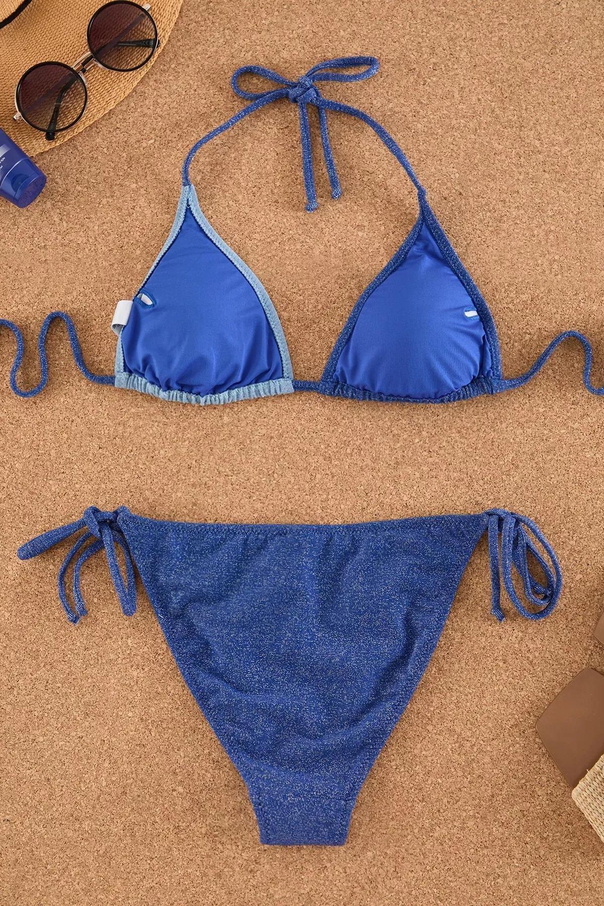 Blue Triangle Color Block Glitter Bikini Set, C101_5800, large image number 6