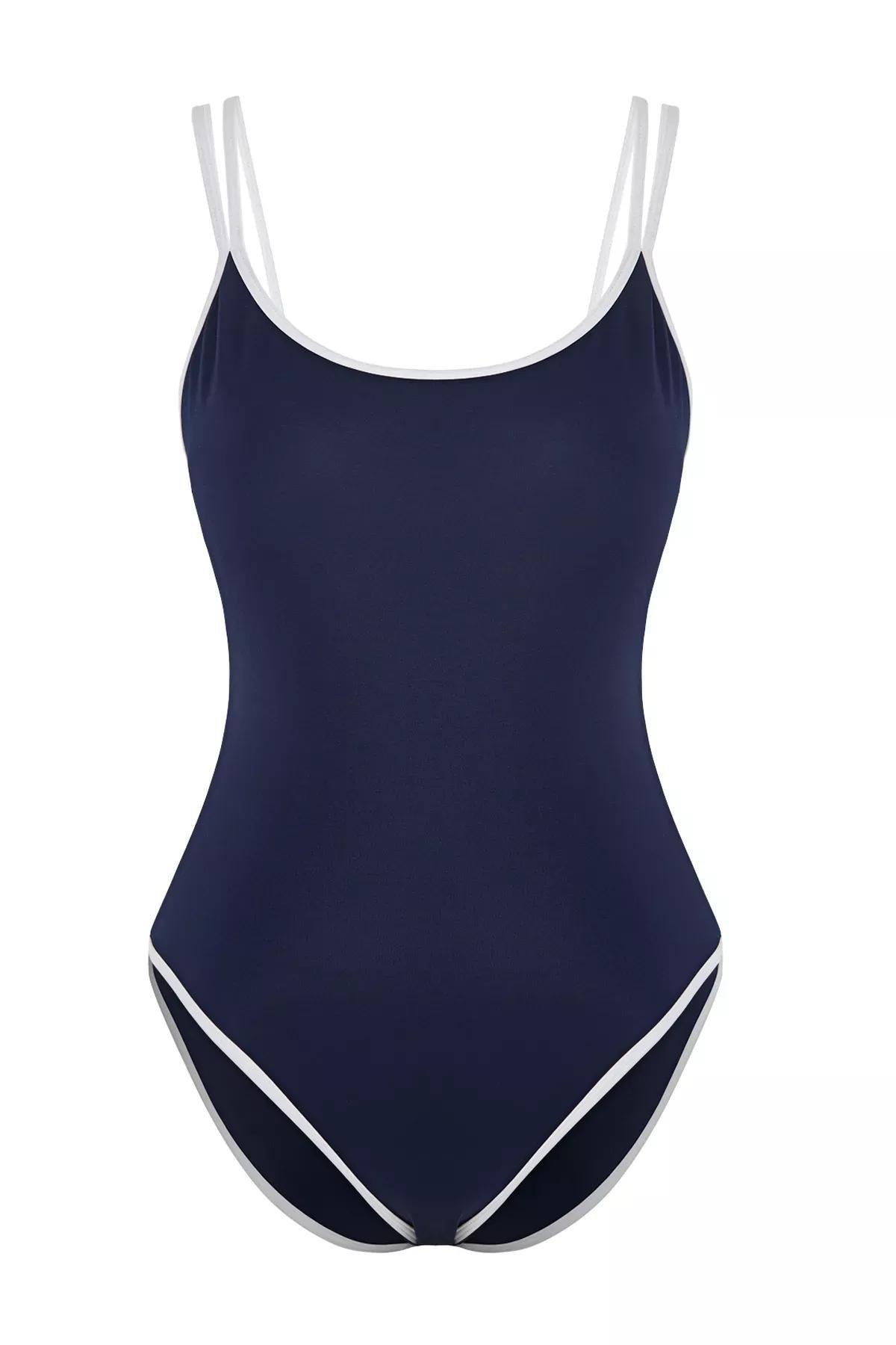 Navy U-Neck Piping Swimsuit, , large image number 0