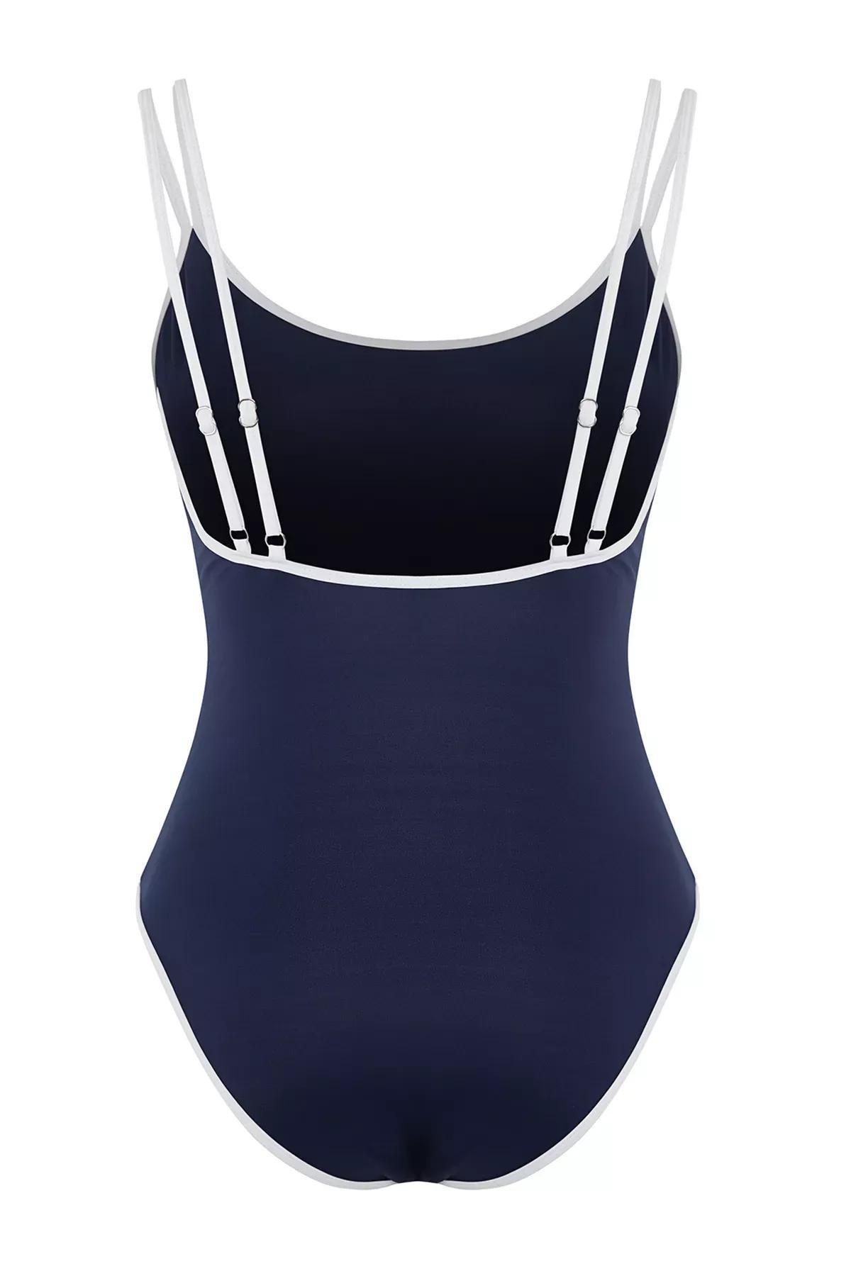 Navy U-Neck Piping Swimsuit, , large image number 2
