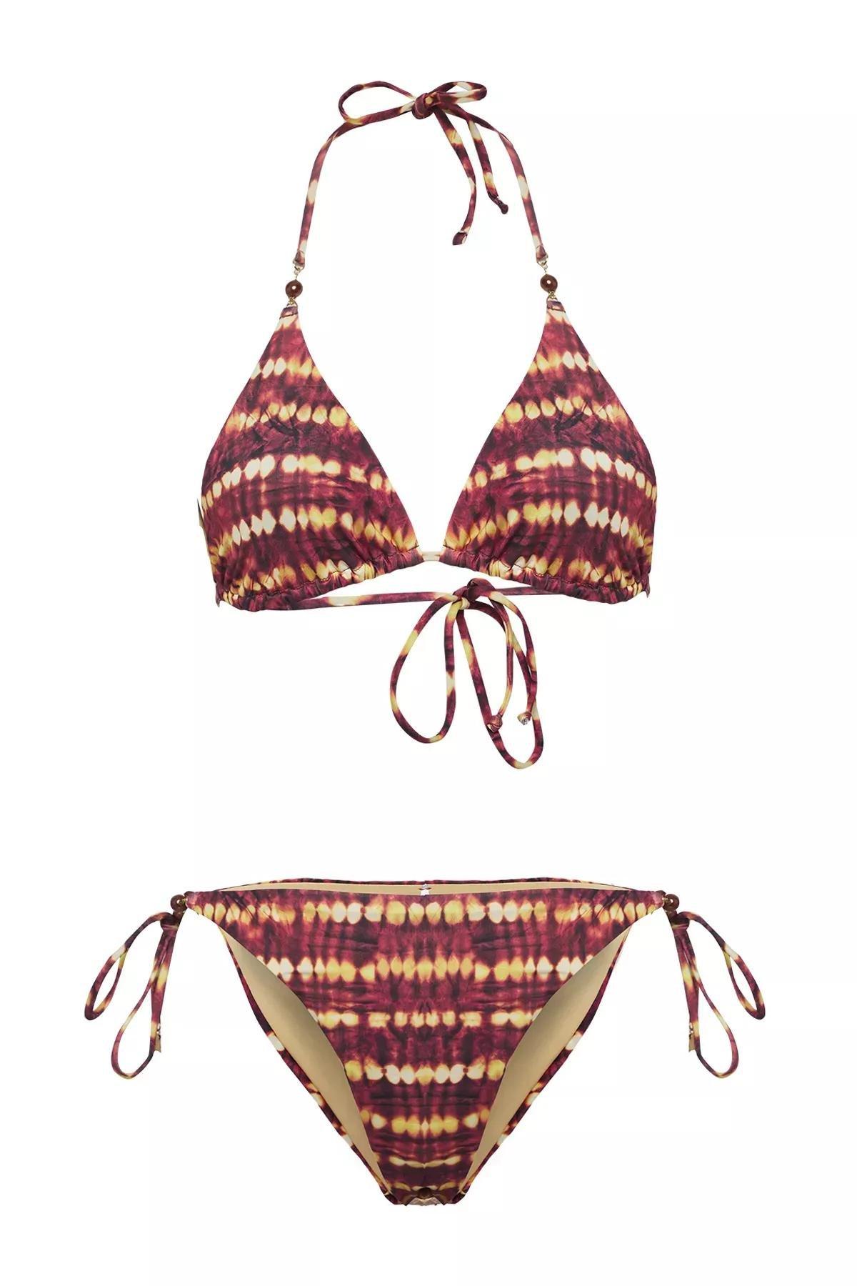 White Patterned Triangle Accessory Bikini Set, Brown-Multicolor, large image number 4
