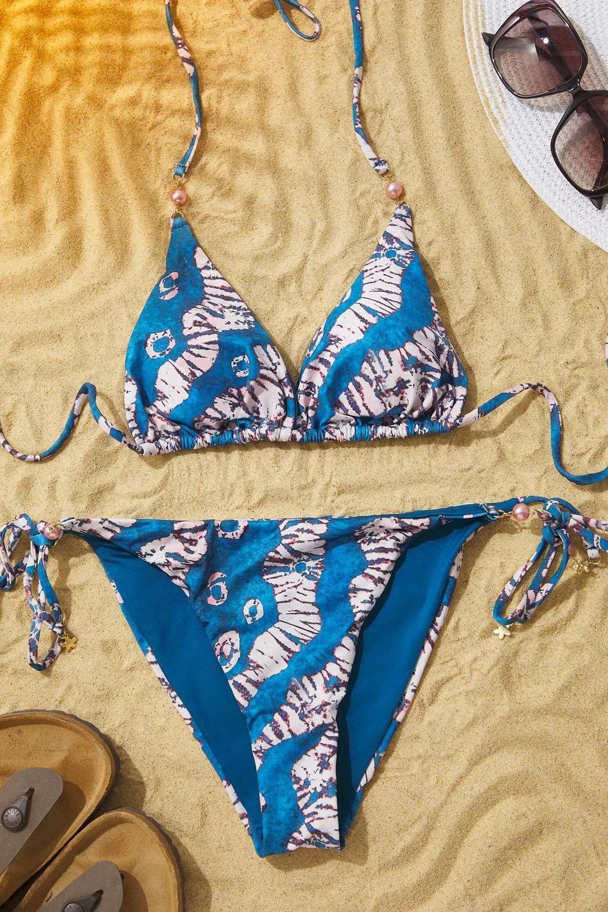 Blue Abstract Patterned Bikini Set, Very colorful, large image number 1