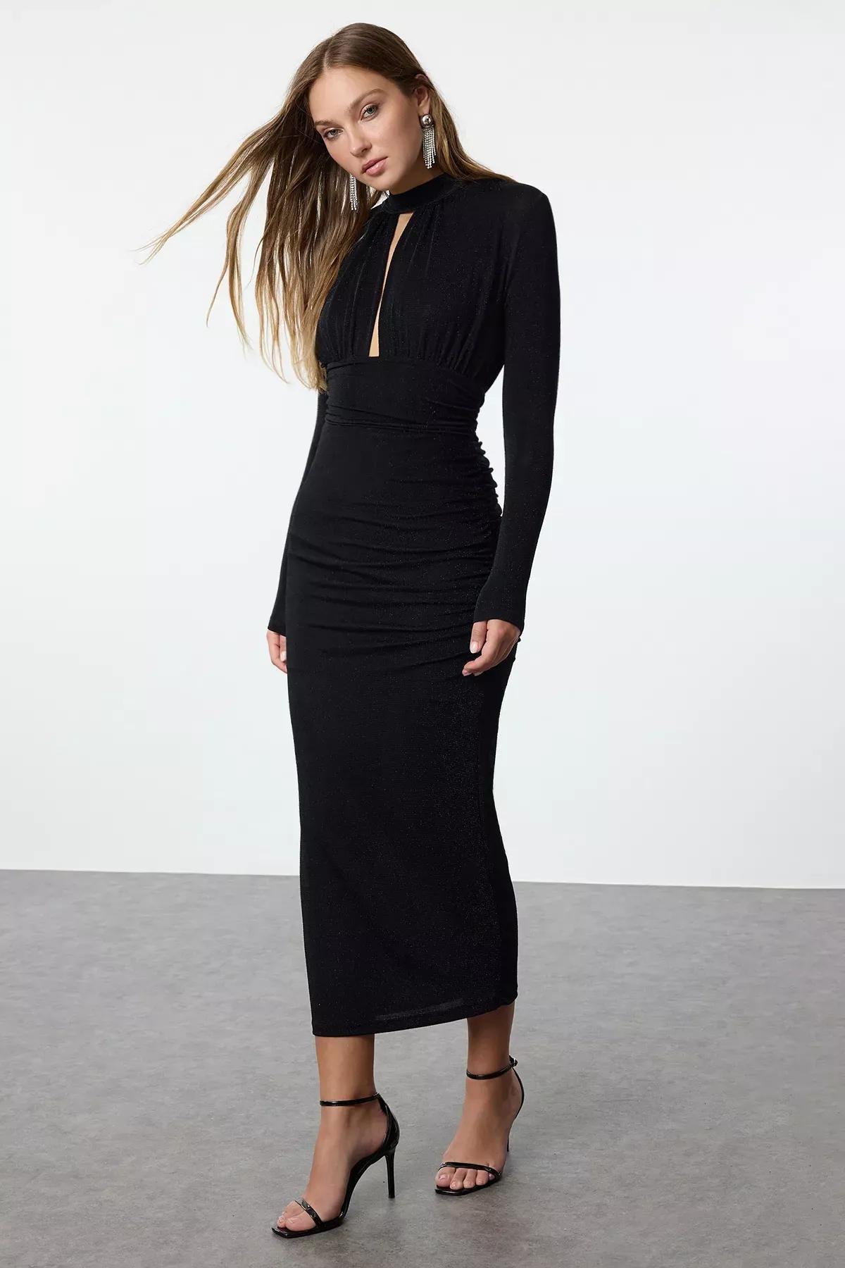 Black Glitter Decollete Occasionwear Dress, BLACK, large image number 0