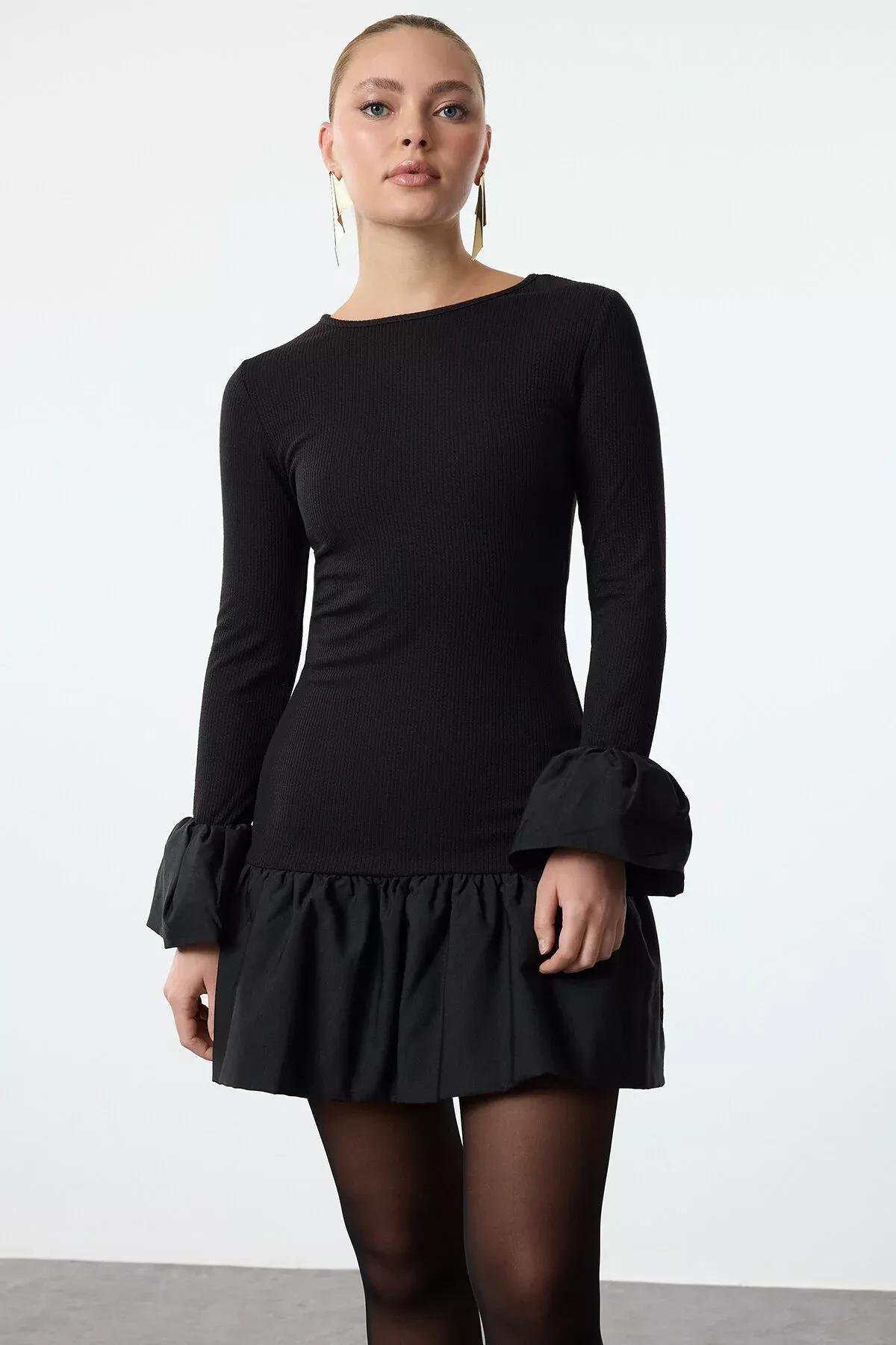 Black Detailed Knitted Short Dress, BLACK, large image number 1