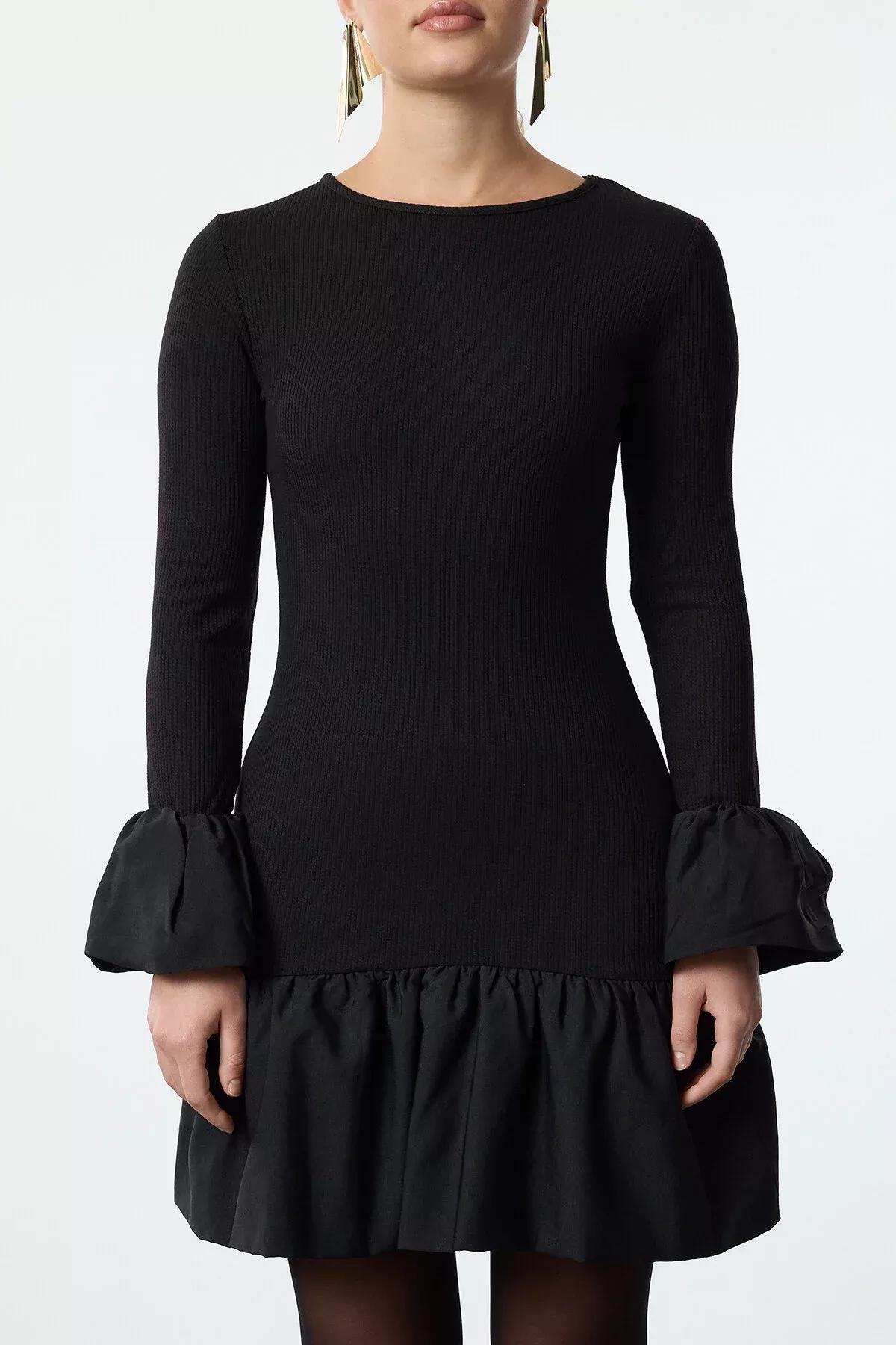 Black Detailed Knitted Short Dress, BLACK, large image number 2