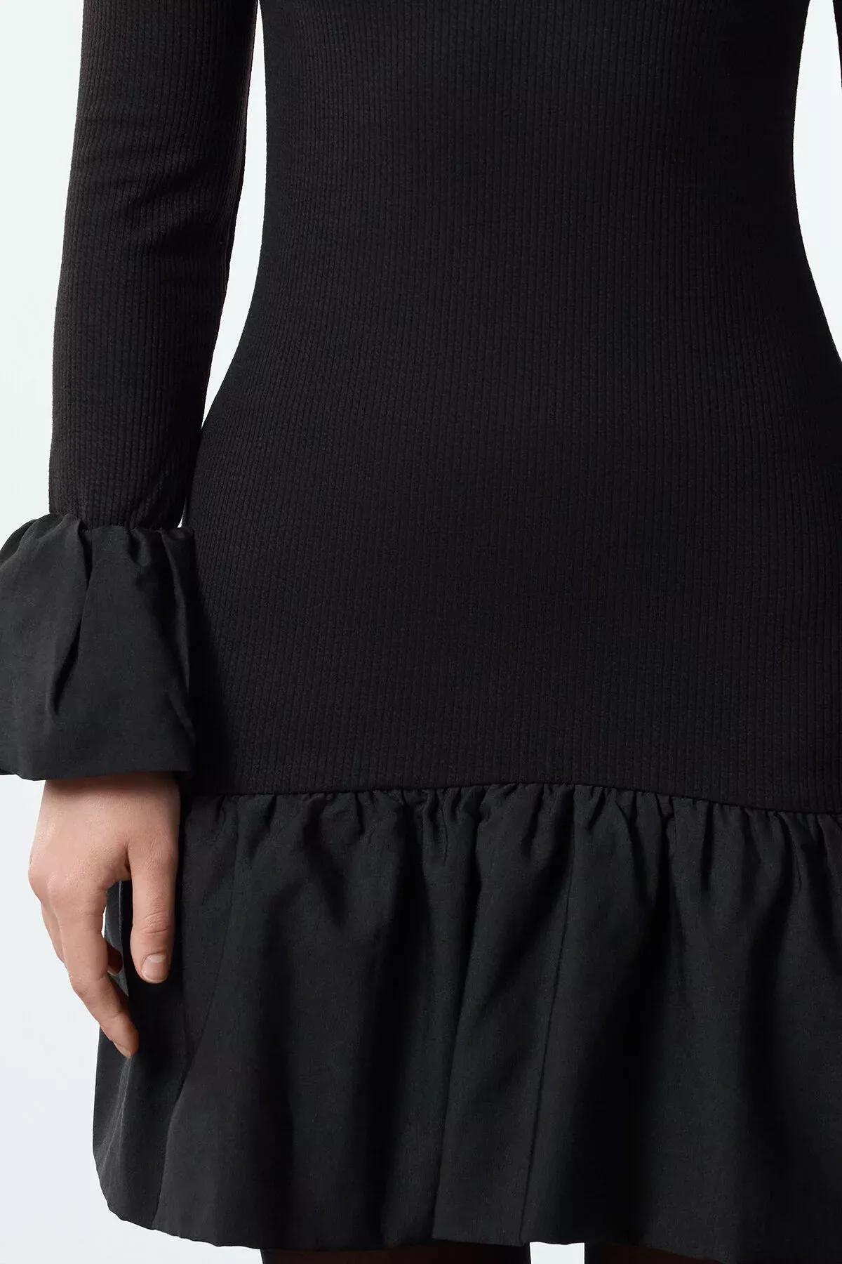 Black Detailed Knitted Short Dress, BLACK, large image number 3