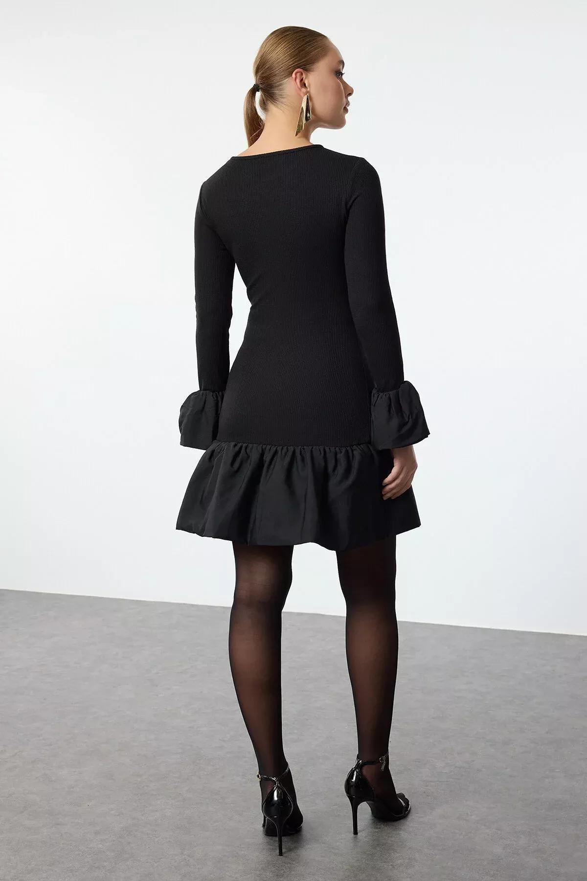 Black Detailed Knitted Short Dress, BLACK, large image number 4