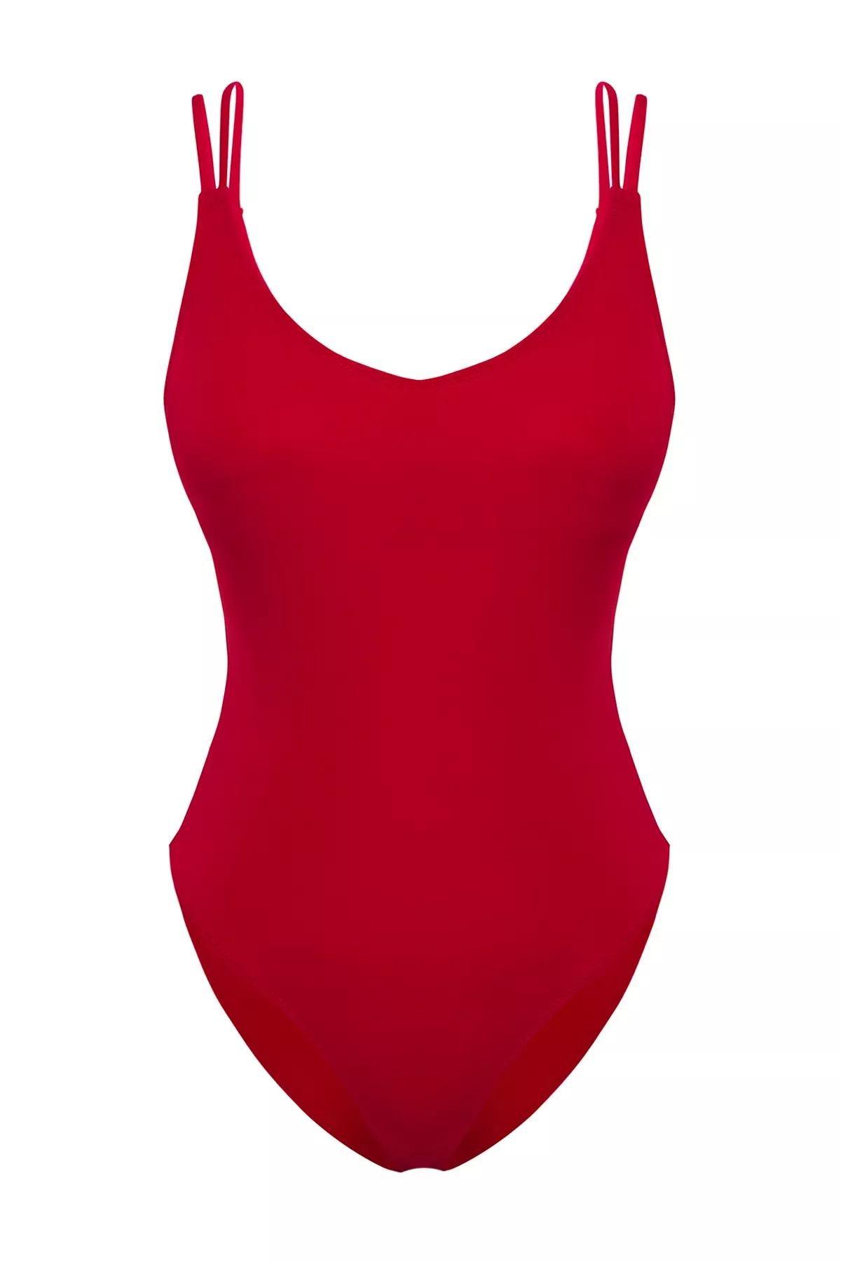 Red V-Neck Low-Cut Back Swimsuit, , large image number 0