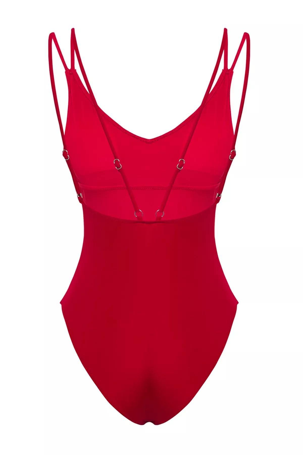Red V-Neck Low-Cut Back Swimsuit, , large image number 1