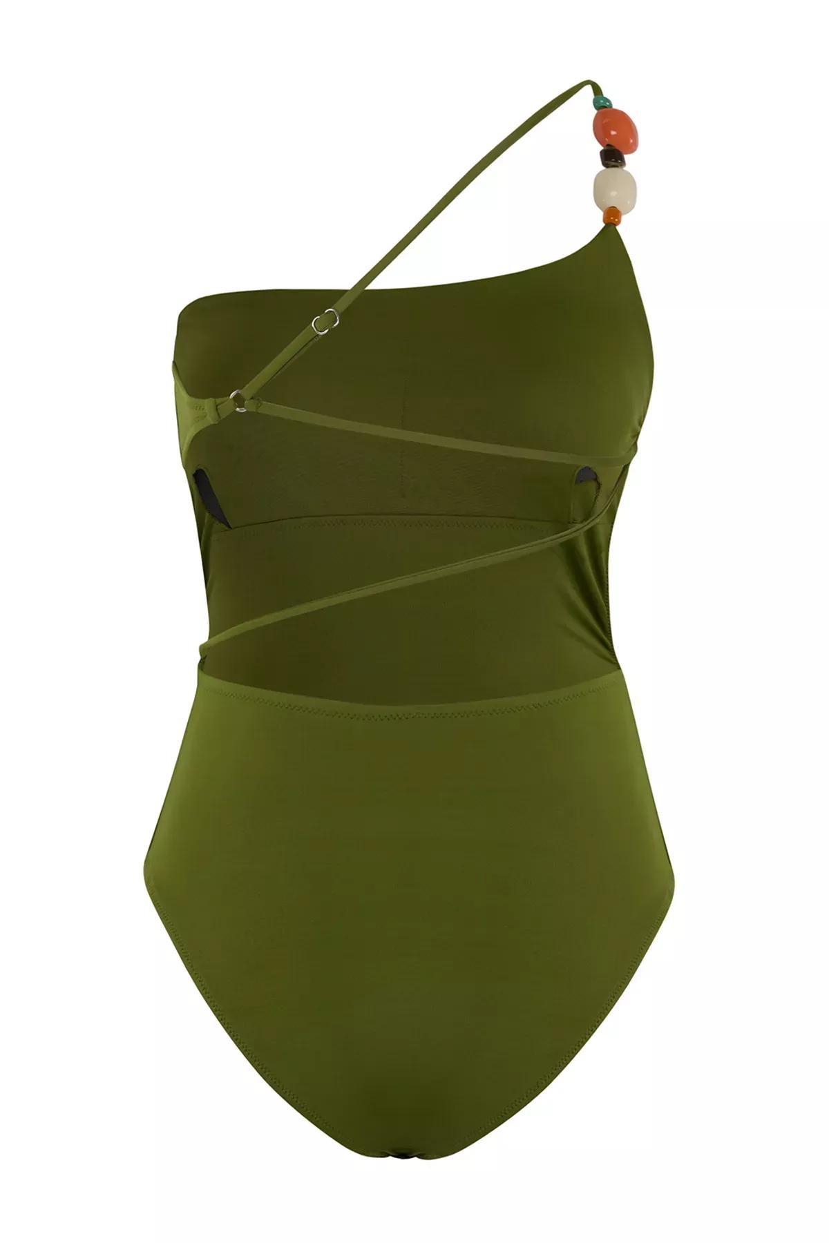 Green One Shoulder Accessorized Swimsuit, , large image number 6
